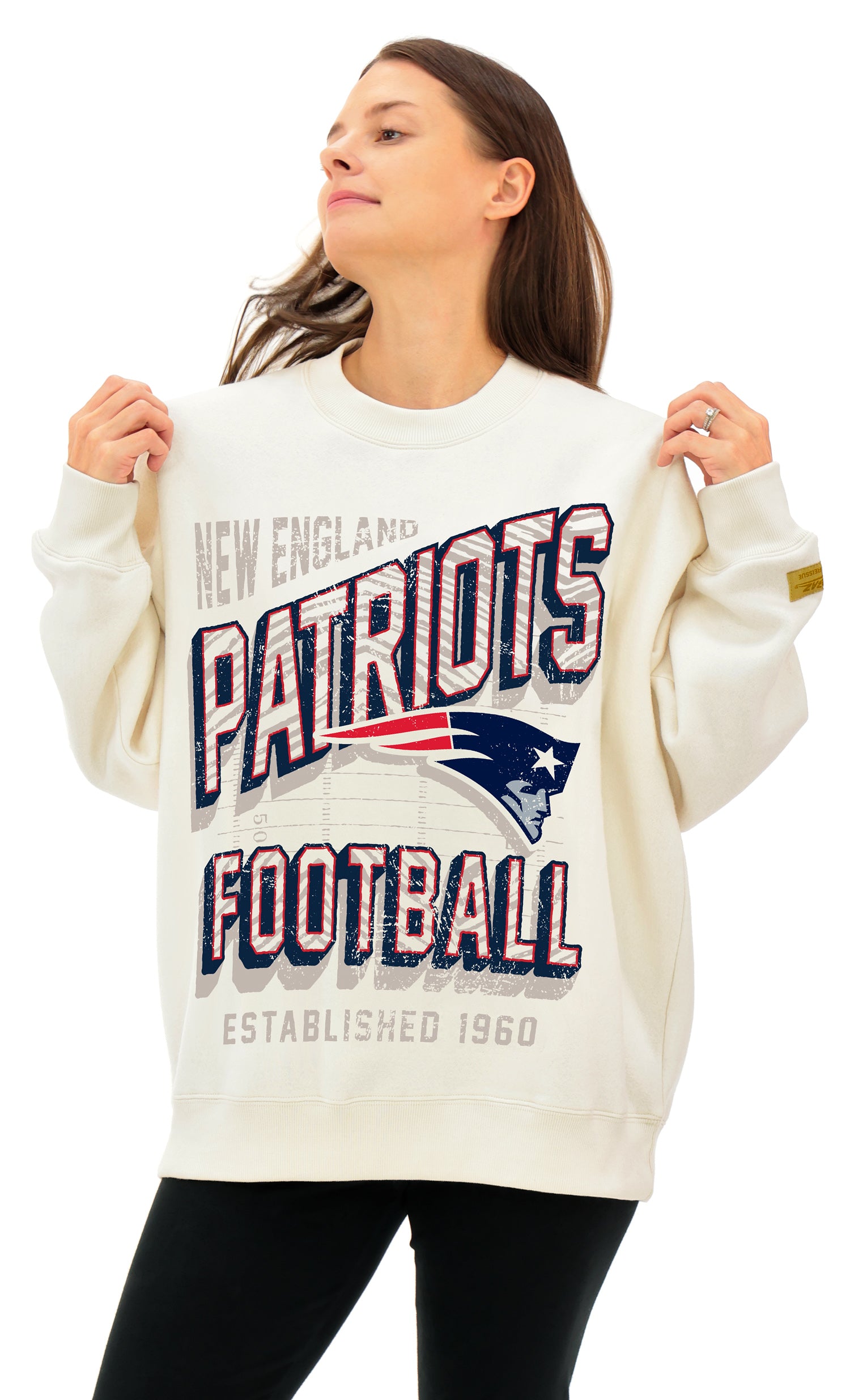 Zubaz NFL  UNISEX 90s Vintage First Down Drop Shoulder Crewneck- Off White, NEW ENGLAND PATRIOTS