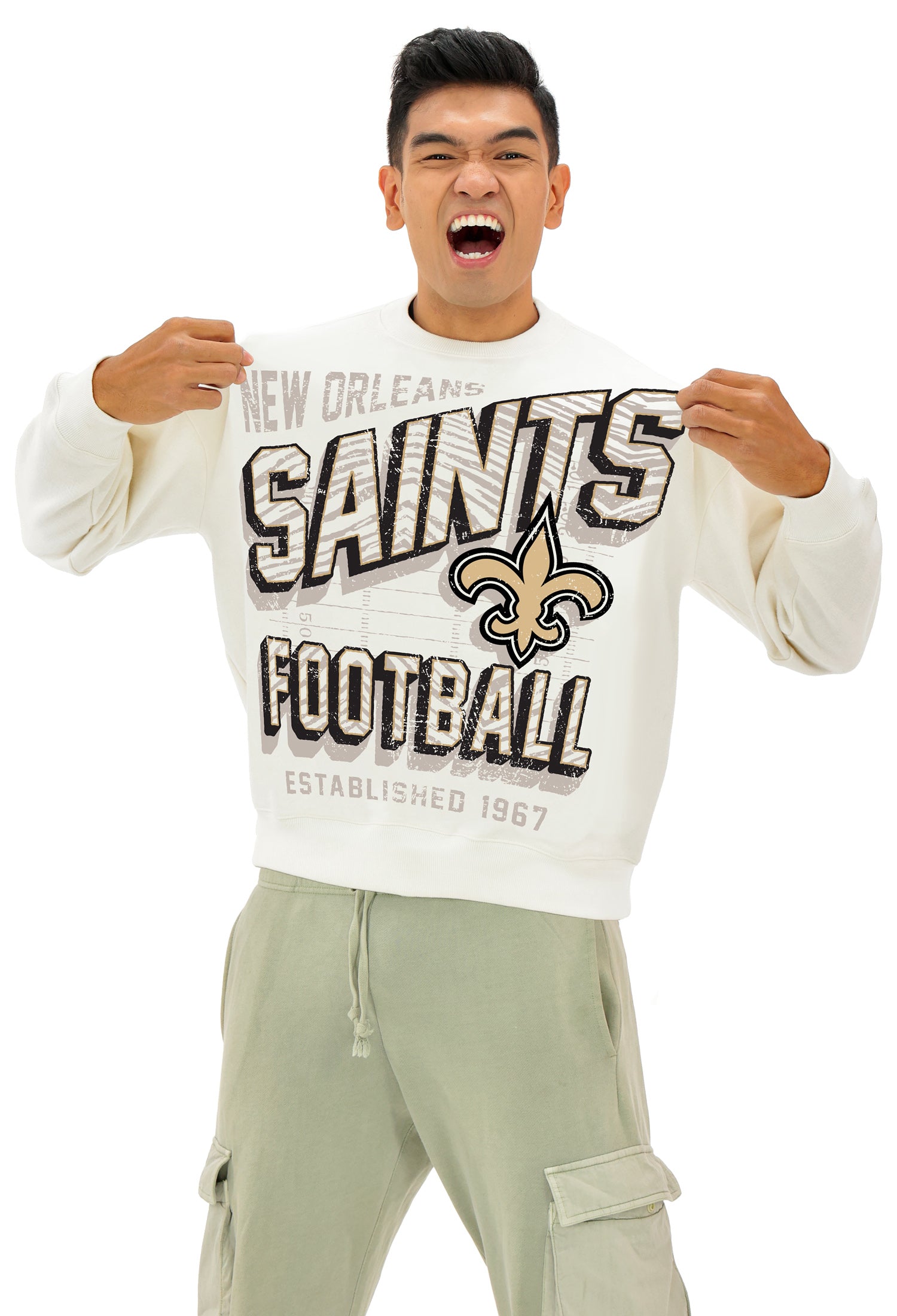 Zubaz NFL  UNISEX 90s Vintage First Down Drop Shoulder Crewneck- Off White, NEW ORLEANS SAINTS
