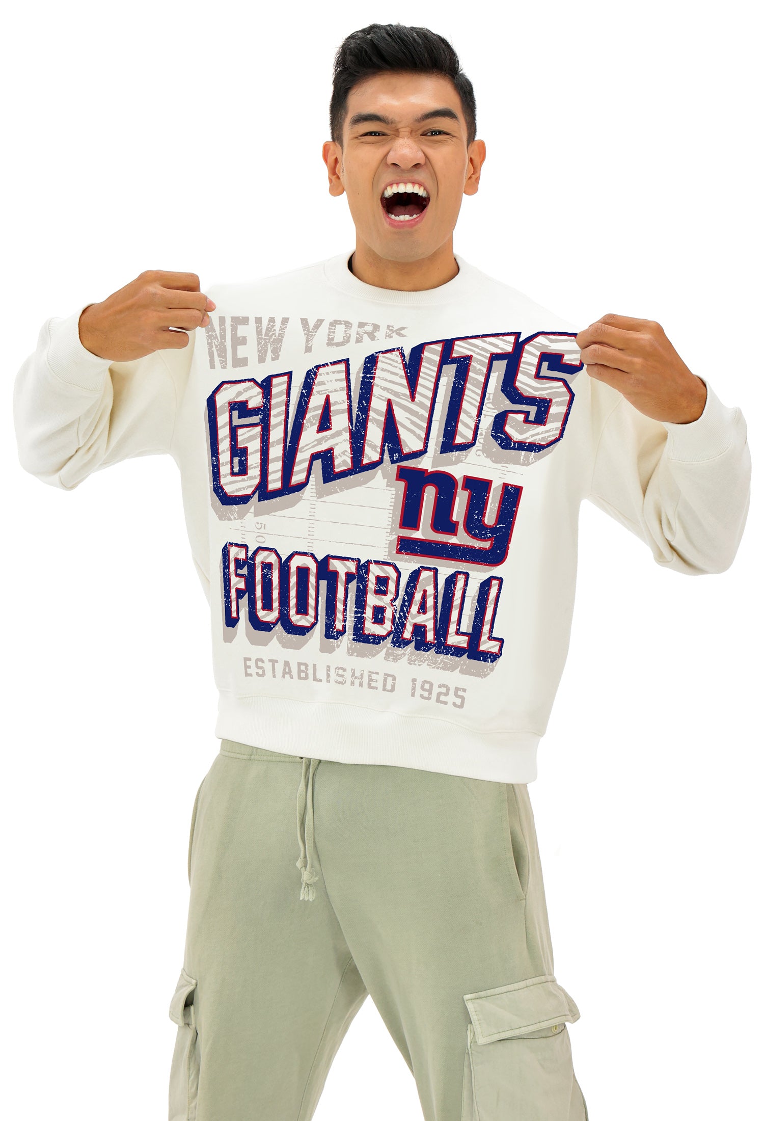 Zubaz NFL  UNISEX 90s Vintage First Down Drop Shoulder Crewneck- Off White, NEW YORK GIANTS
