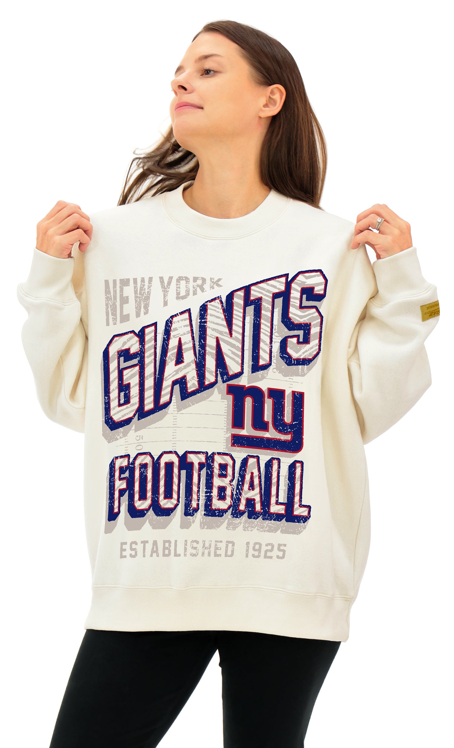 Zubaz NFL  UNISEX 90s Vintage First Down Drop Shoulder Crewneck- Off White, NEW YORK GIANTS