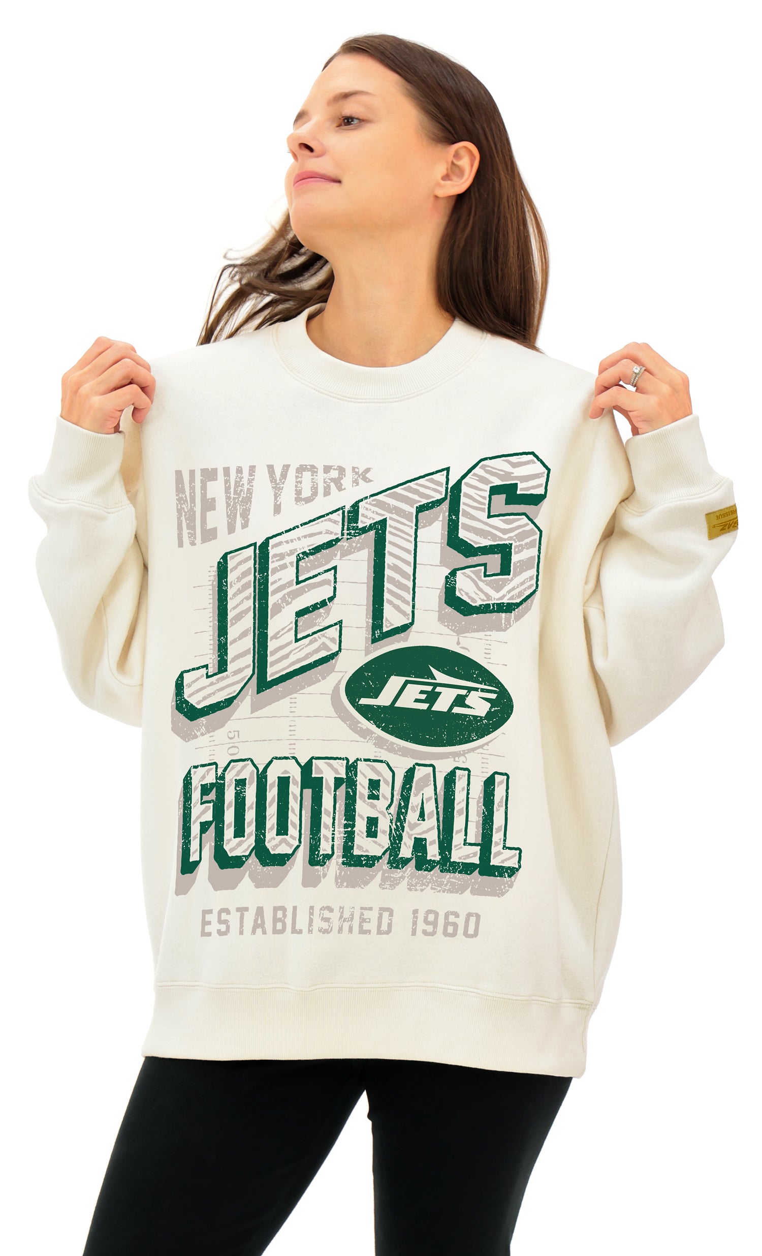Zubaz NFL  UNISEX 90s Vintage First Down Drop Shoulder Crewneck- Off White, NEW YORK JETS