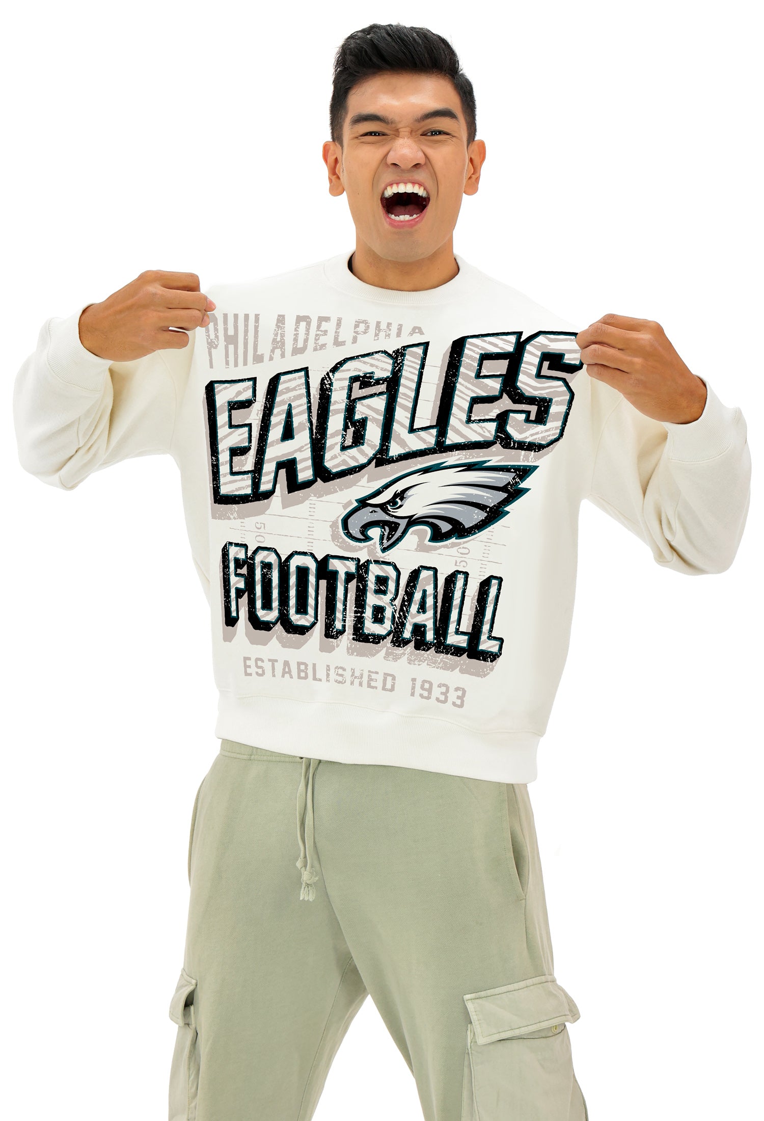 Zubaz NFL  UNISEX 90s Vintage First Down Drop Shoulder Crewneck- Off White, PHILADELPHIA EAGLES