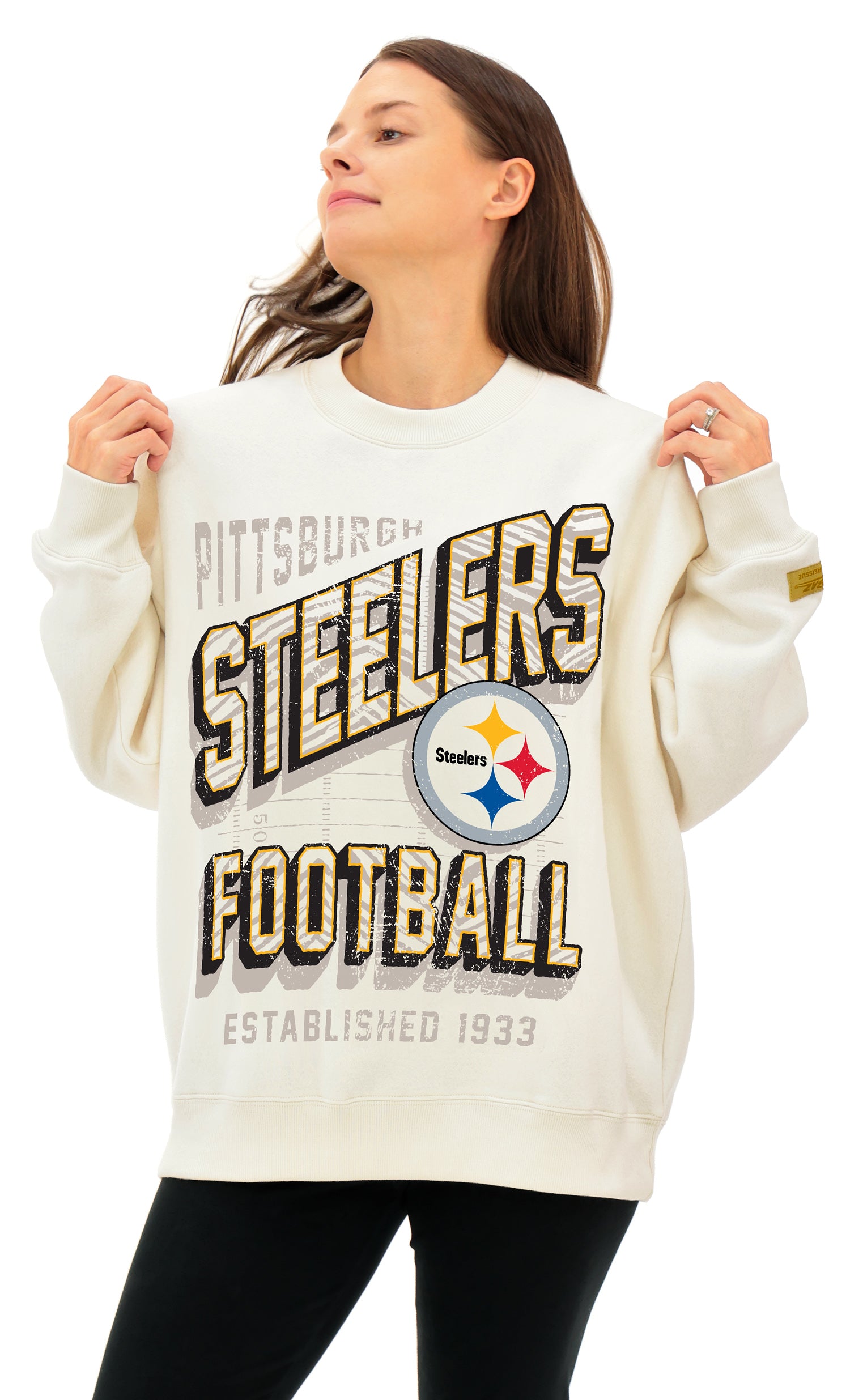 Zubaz NFL  UNISEX 90s Vintage First Down Drop Shoulder Crewneck- Off White, PITTSBURGH STEELERS
