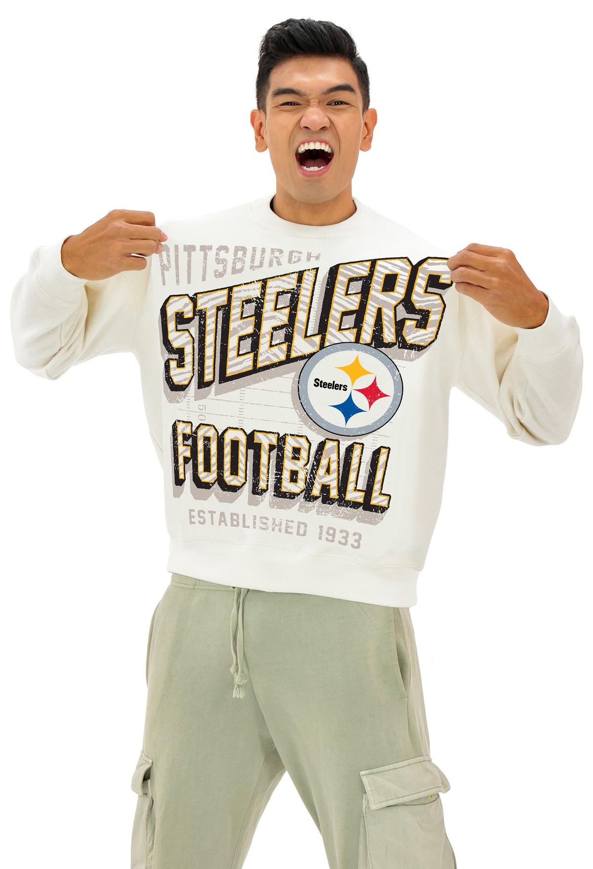 Zubaz NFL  UNISEX 90s Vintage First Down Drop Shoulder Crewneck- Off White, PITTSBURGH STEELERS - Official NFL Steelers Zubaz