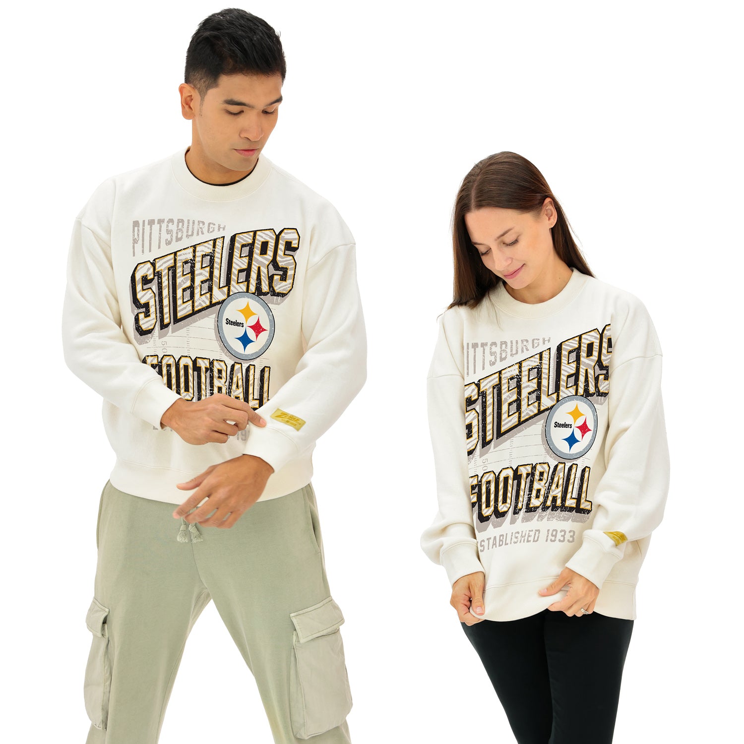 Zubaz NFL  UNISEX 90s Vintage First Down Drop Shoulder Crewneck- Off White, PITTSBURGH STEELERS