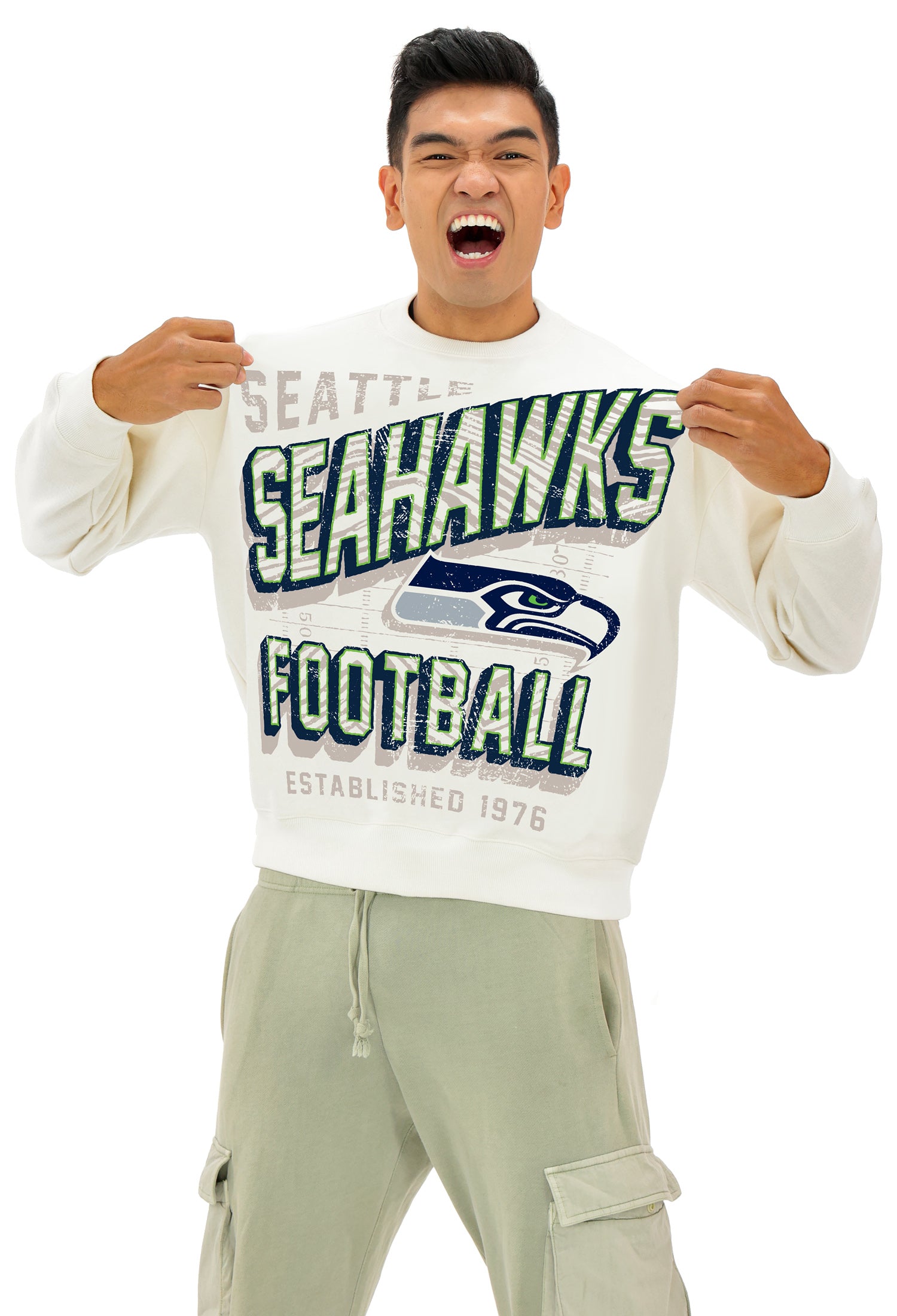 Zubaz NFL  UNISEX 90s Vintage First Down Drop Shoulder Crewneck- Off White, SEATTLE SEAHAWKS - Official NFL Seahawks Zubaz Ap