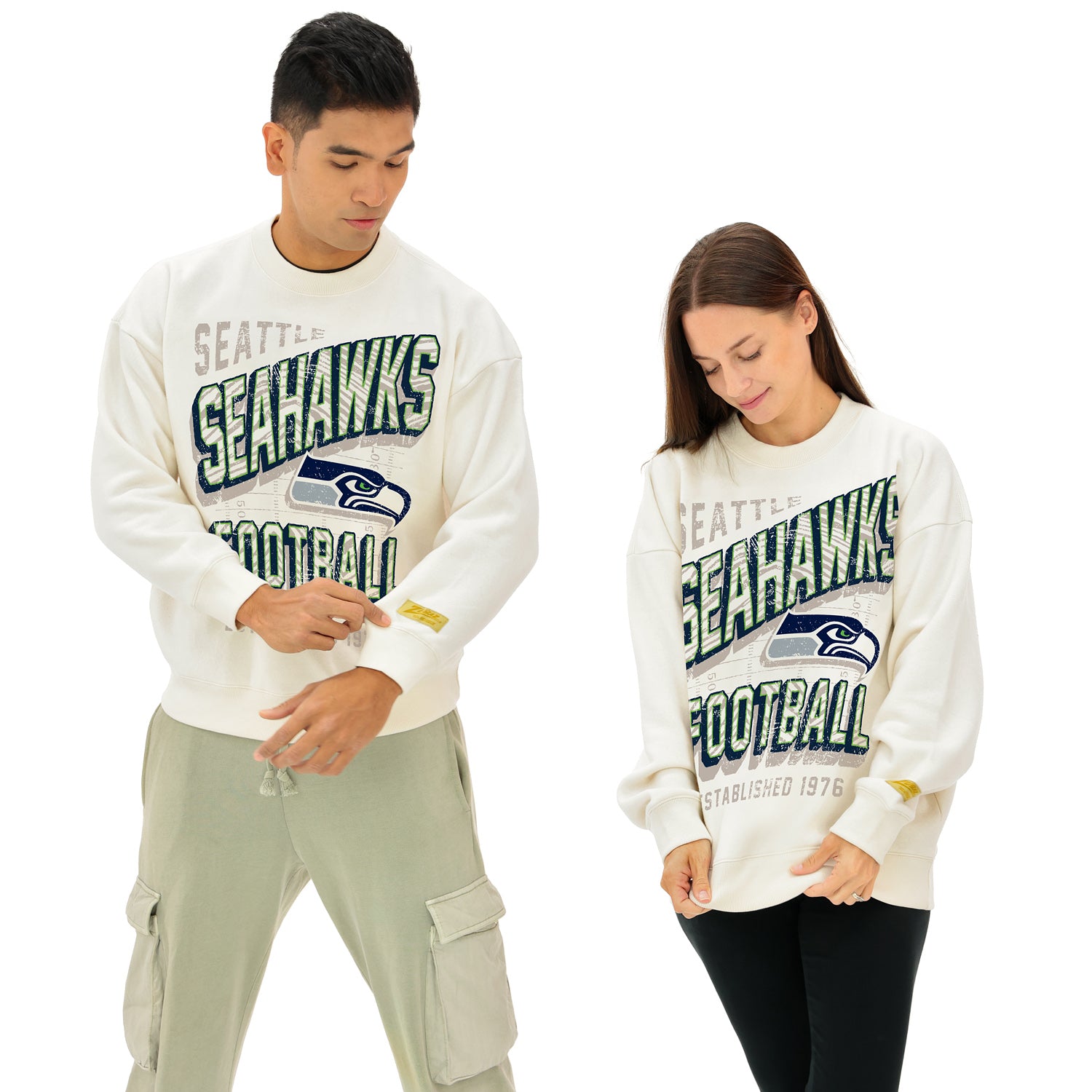 Zubaz NFL  UNISEX 90s Vintage First Down Drop Shoulder Crewneck- Off White, SEATTLE SEAHAWKS