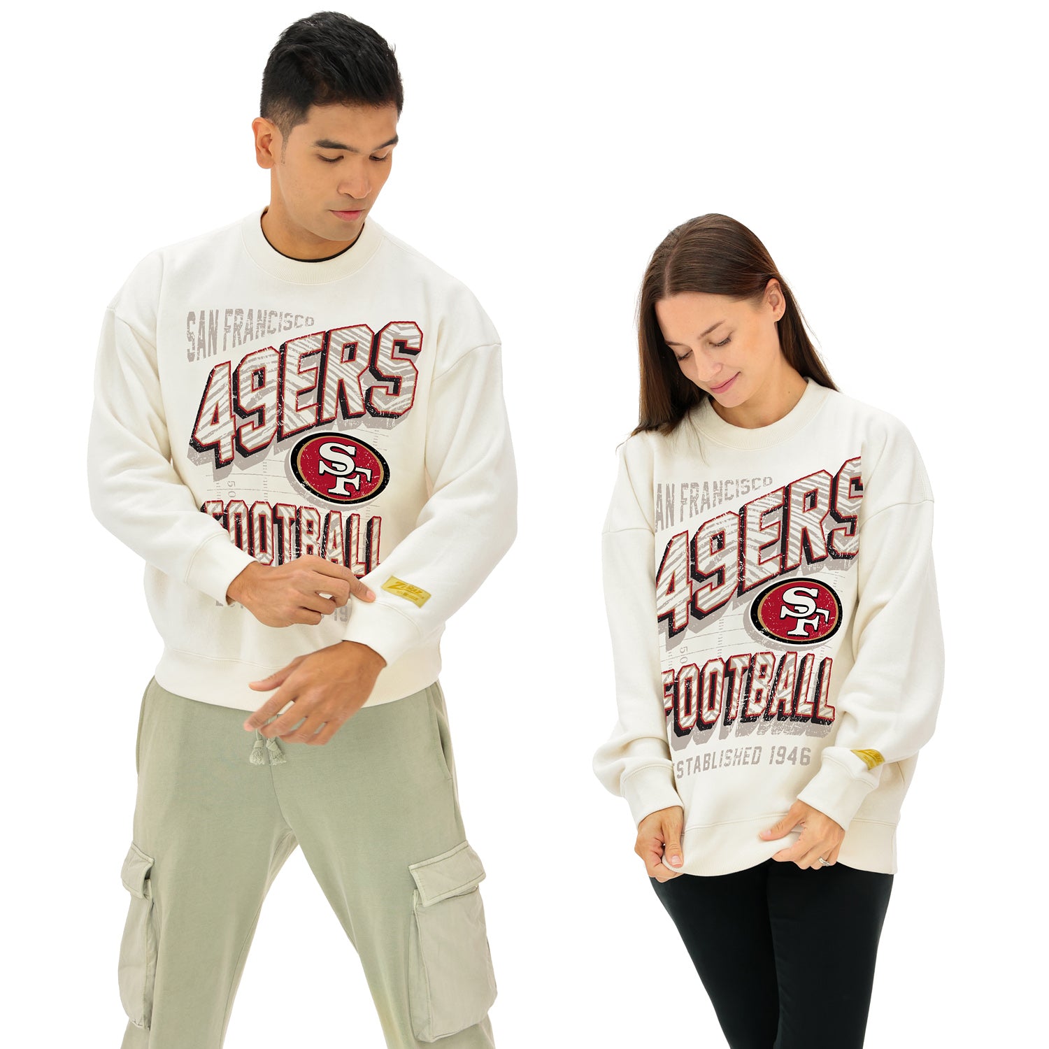Zubaz NFL  UNISEX 90s Vintage First Down Drop Shoulder Crewneck- Off White, SAN FRANCISCO 49ERS