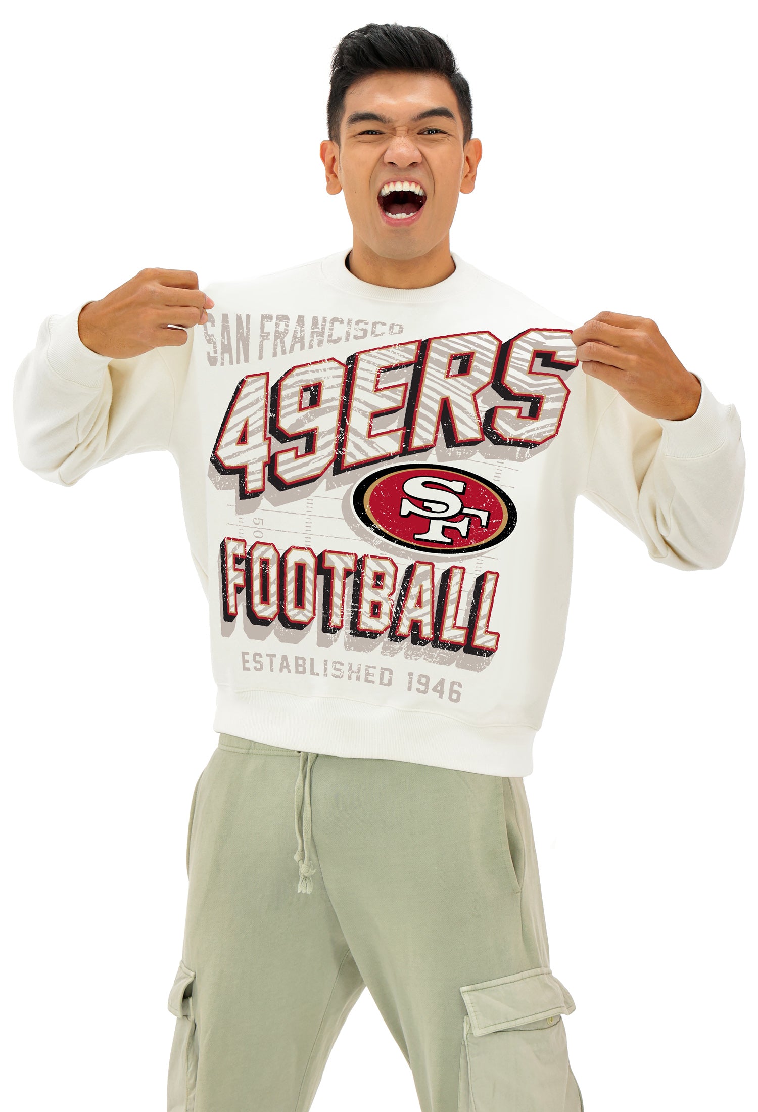 Zubaz NFL  UNISEX 90s Vintage First Down Drop Shoulder Crewneck- Off White, SAN FRANCISCO 49ERS