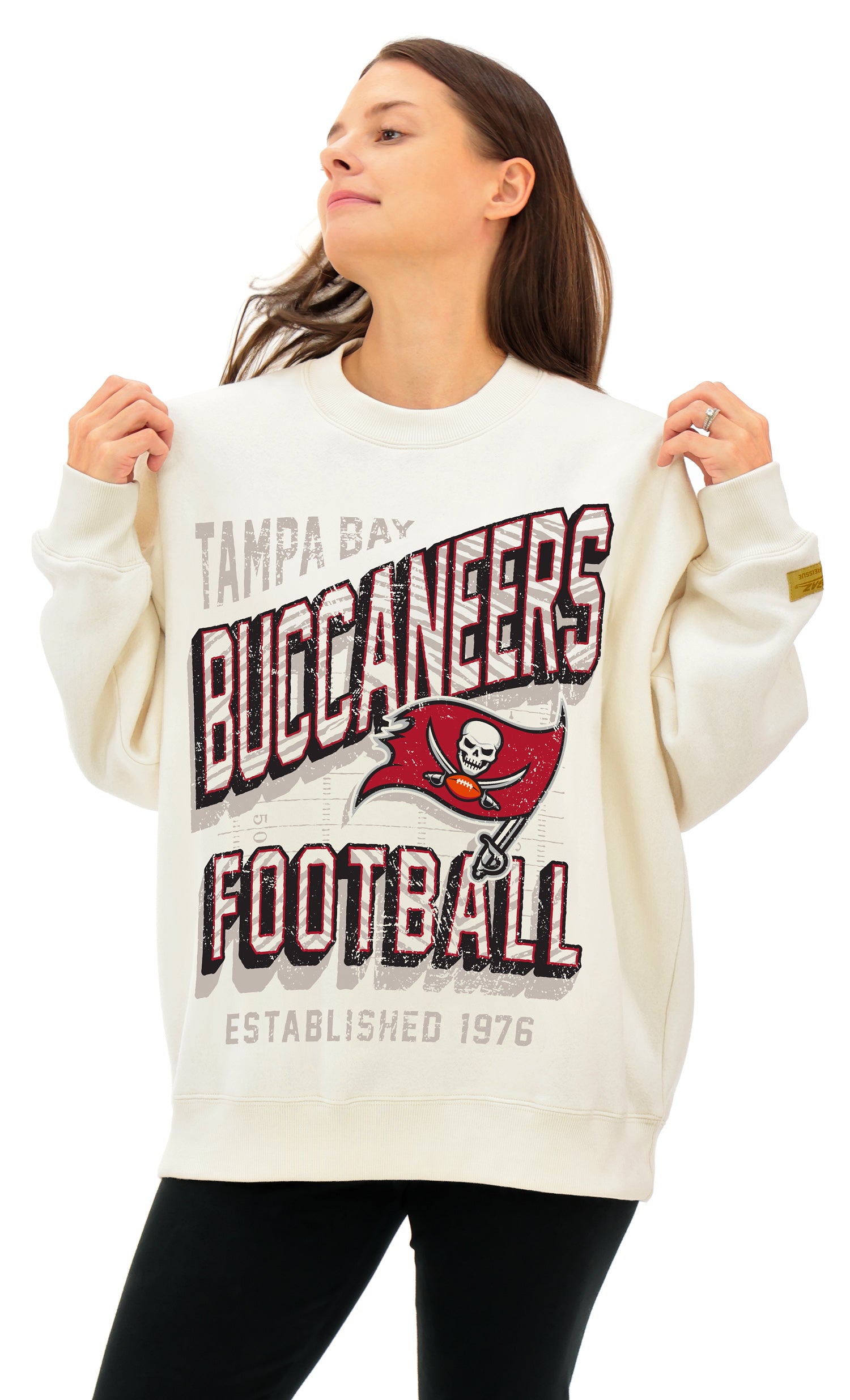 Zubaz NFL  UNISEX 90s Vintage First Down Drop Shoulder Crewneck- Off White, TAMPA BAY BUCCANEERS