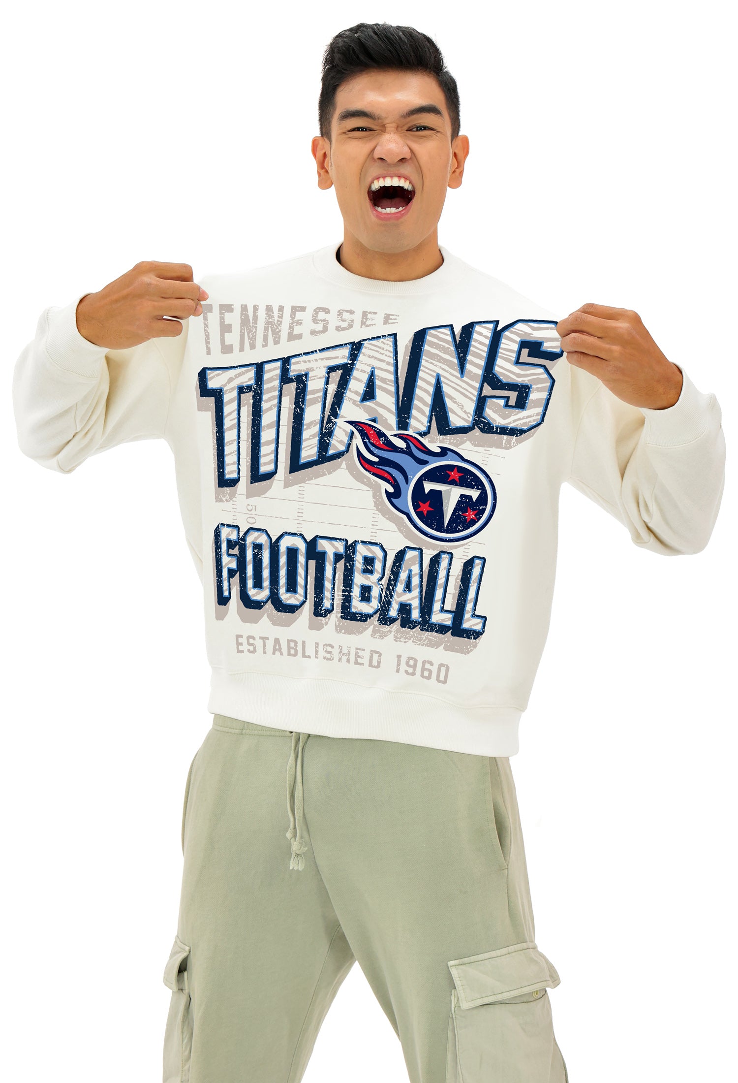 Zubaz NFL  UNISEX 90s Vintage First Down Drop Shoulder Crewneck- Off White, TENNESSEE TITANS