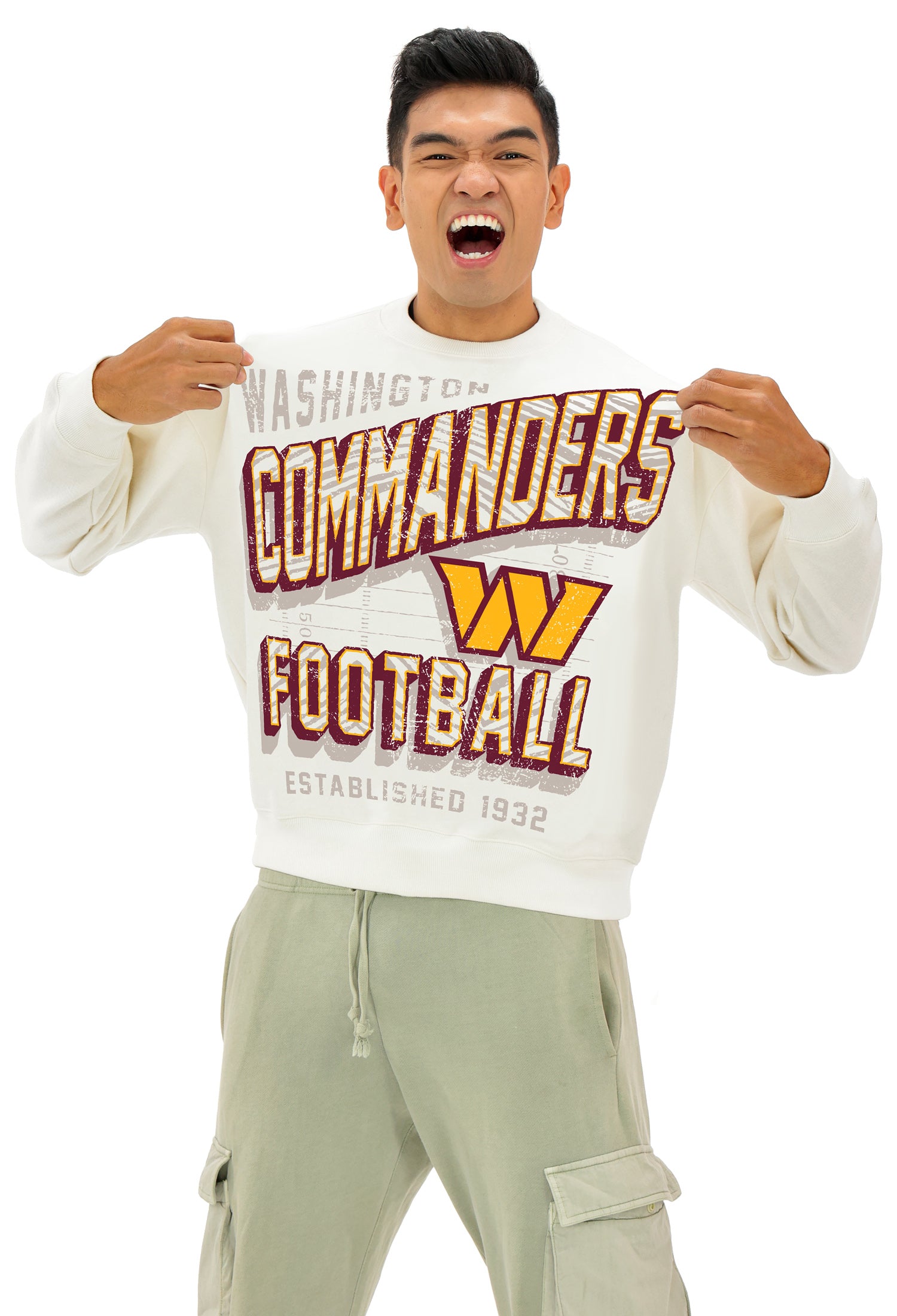 Zubaz NFL  UNISEX 90s Vintage First Down Drop Shoulder Crewneck- Off White, WASHINGTON COMMANDERS