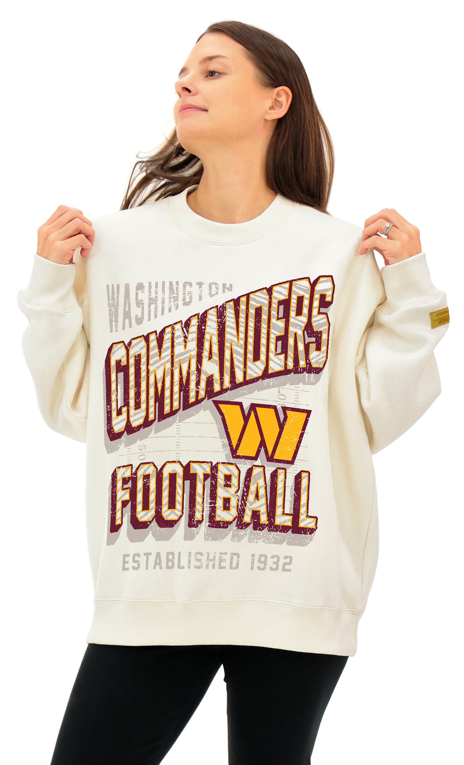 Zubaz NFL  UNISEX 90s Vintage First Down Drop Shoulder Crewneck- Off White, WASHINGTON COMMANDERS