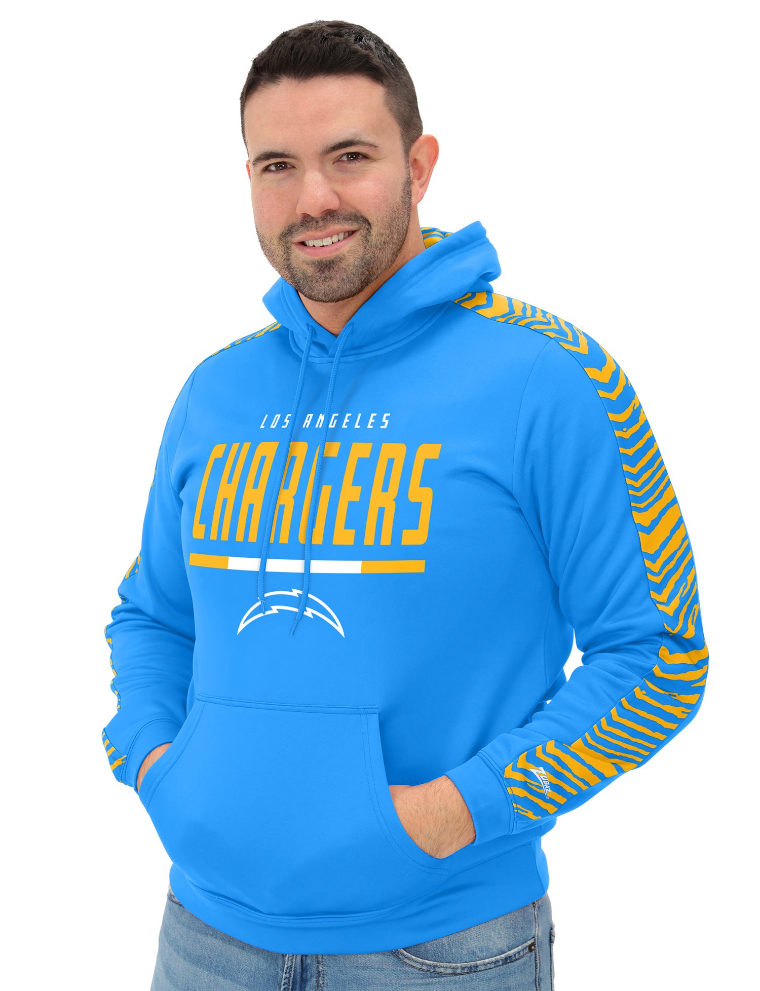Zubaz NFL   Men's Linebacker 2 Color Zebra Sleeve Panel Hoodie, LOS ANGELES CHARGERS
