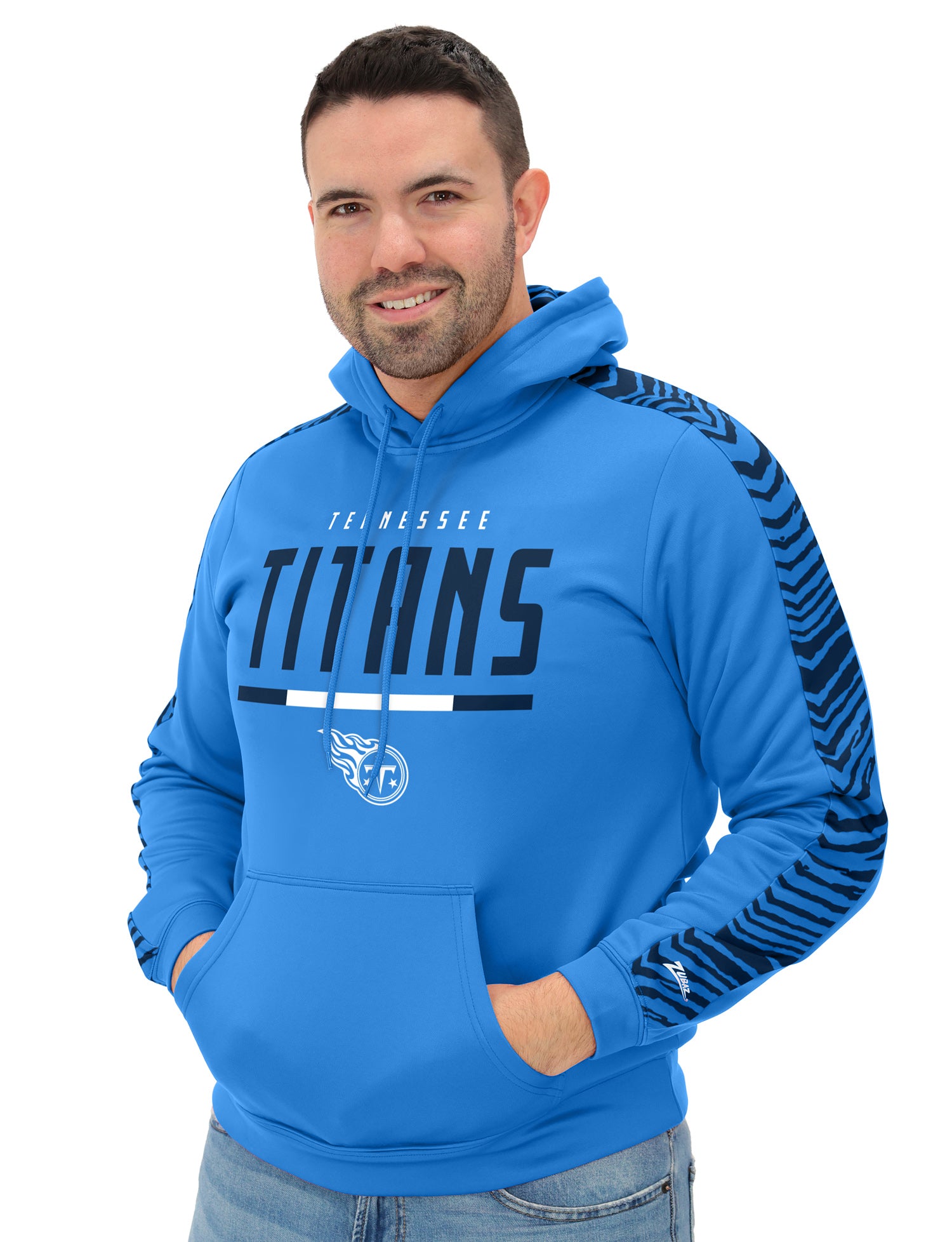 Zubaz NFL   Men's Linebacker 2 Color Zebra Sleeve Panel Hoodie, TENNESSEE TITANS