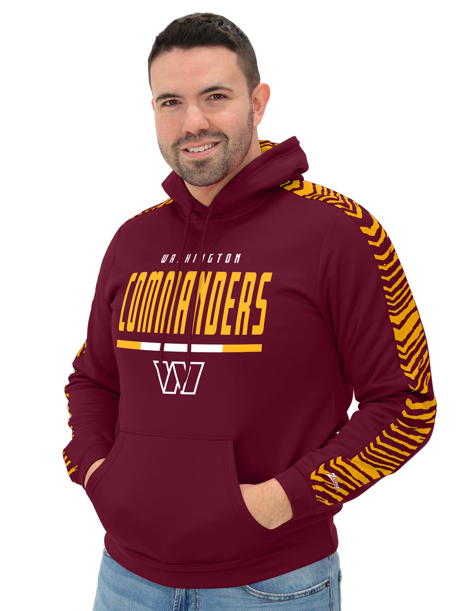 Zubaz NFL   Men's Linebacker 2 Color Zebra Sleeve Panel Hoodie, WASHINGTON COMMANDERS