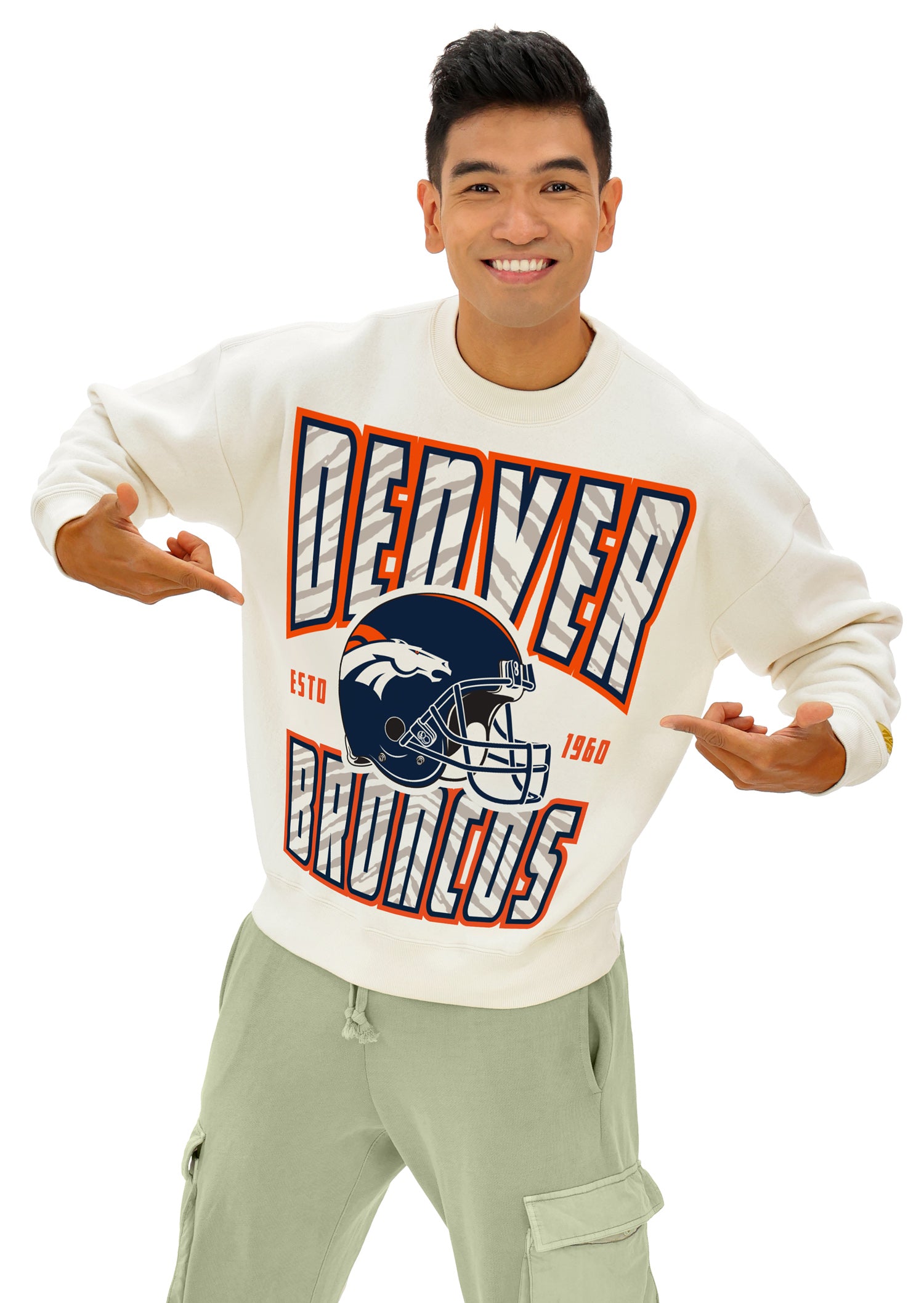 Zubaz NFL  UNISEX 90s Helmet Drop Shoulder Crewneck -Off White, DENVER BRONCOS