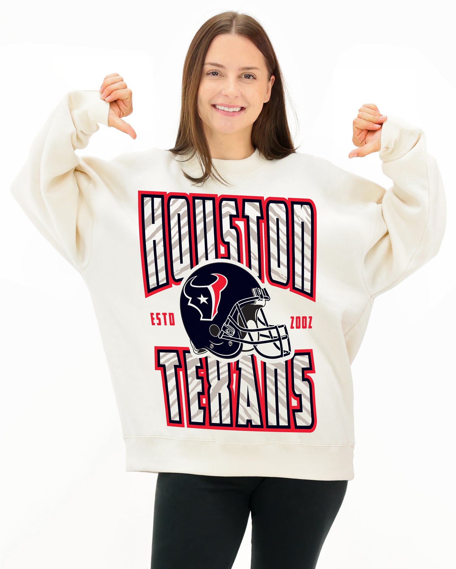 Zubaz NFL  UNISEX 90s Helmet Drop Shoulder Crewneck -Off White, HOUSTON TEXANS