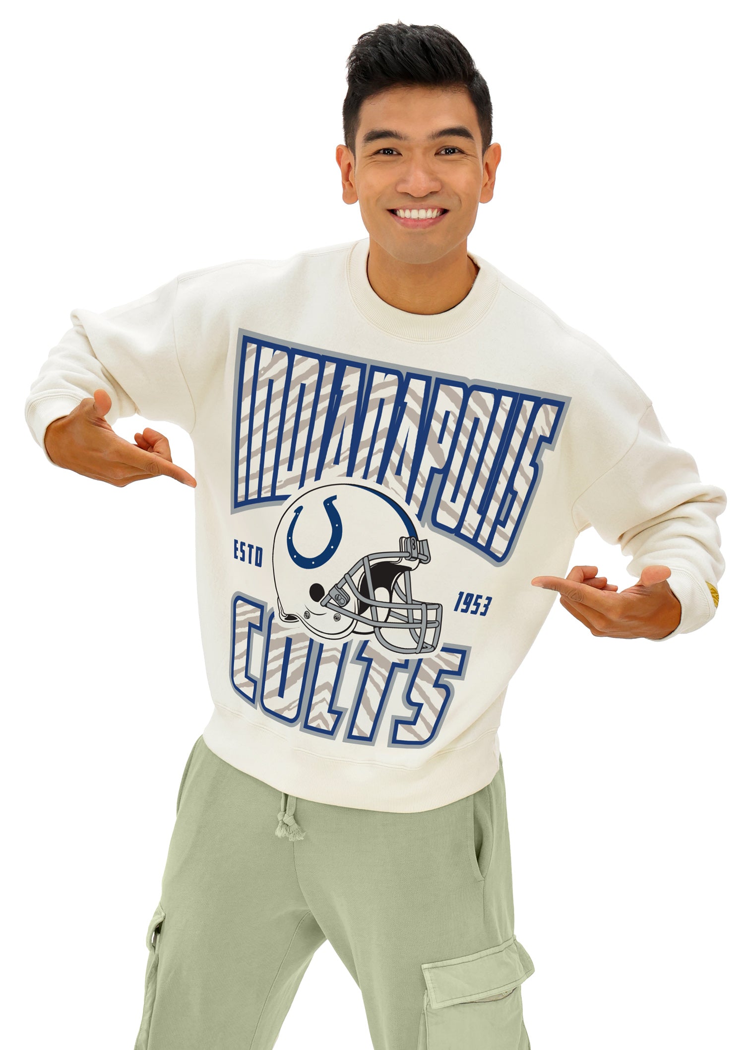 Zubaz NFL  UNISEX 90s Helmet Drop Shoulder Crewneck -Off White, INDIANAPOLIS COLTS