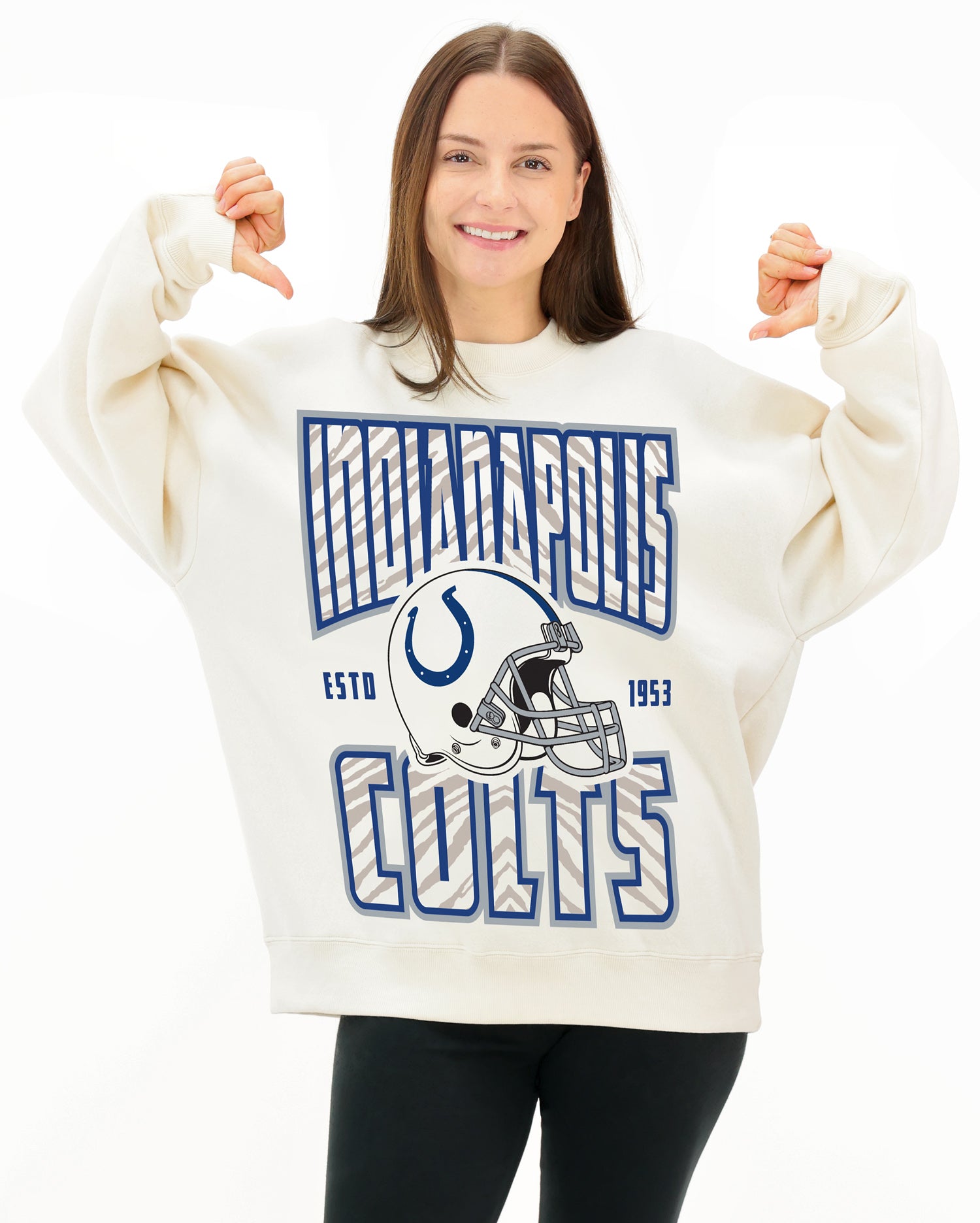 Zubaz NFL  UNISEX 90s Helmet Drop Shoulder Crewneck -Off White, INDIANAPOLIS COLTS