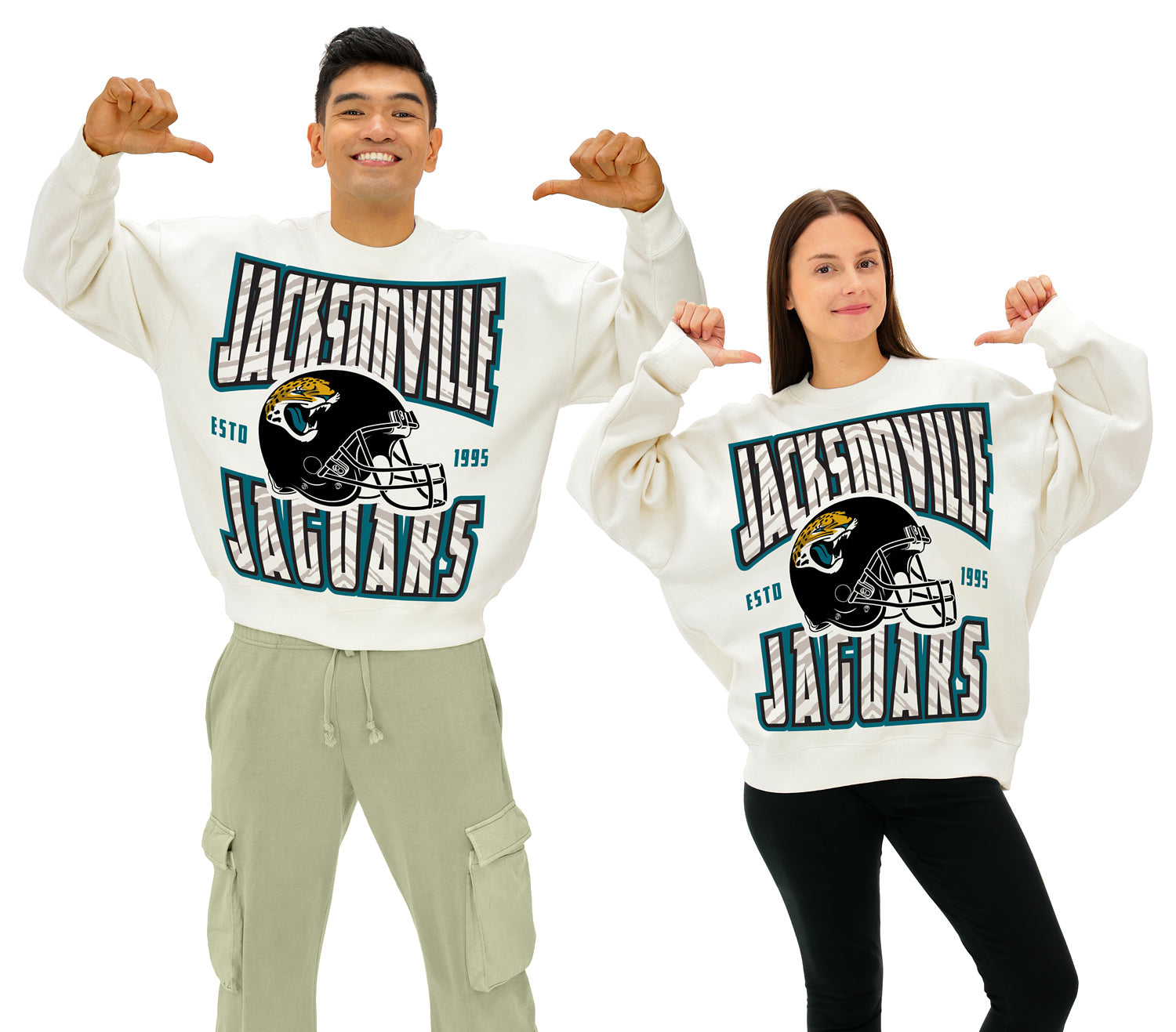 Zubaz NFL  UNISEX 90s Helmet Drop Shoulder Crewneck -Off White, JACKSONVILLE JAGUARS
