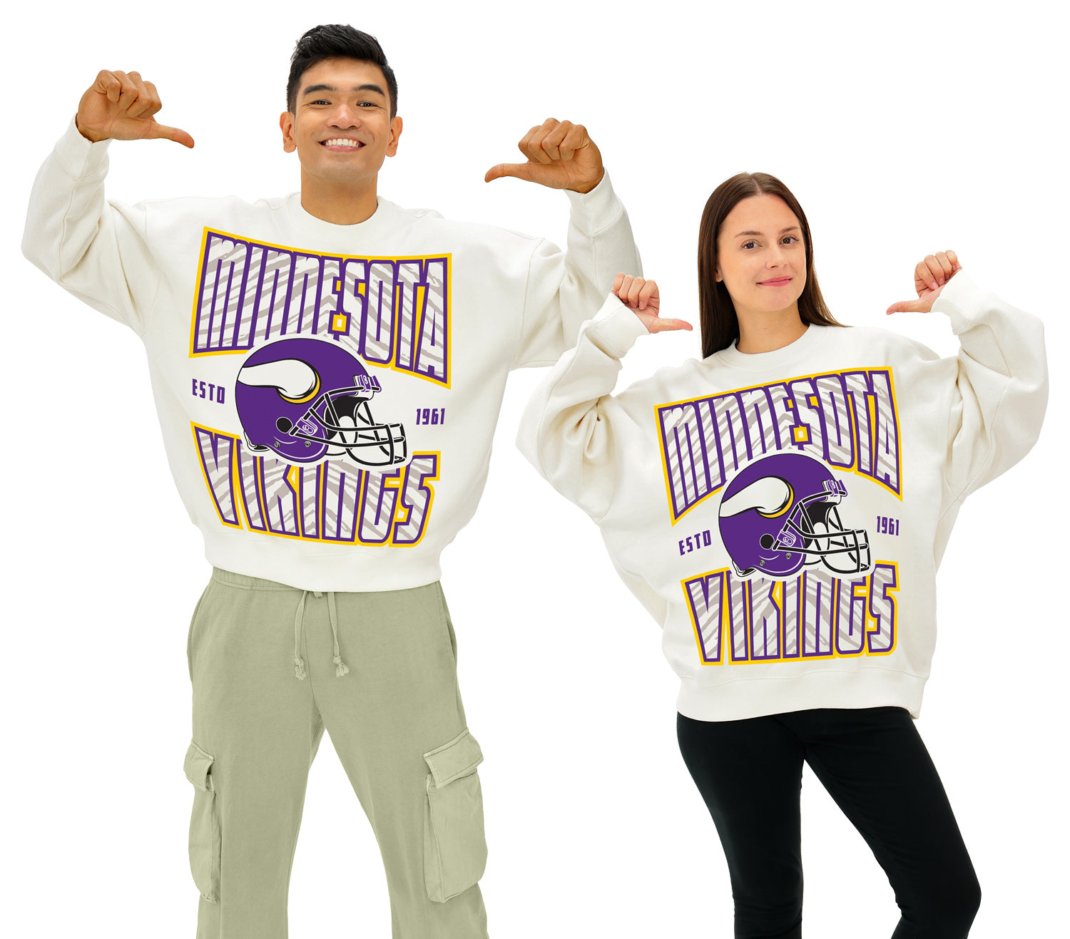 Zubaz NFL  UNISEX 90s Helmet Drop Shoulder Crewneck -Off White, MINNESOTA VIKINGS
