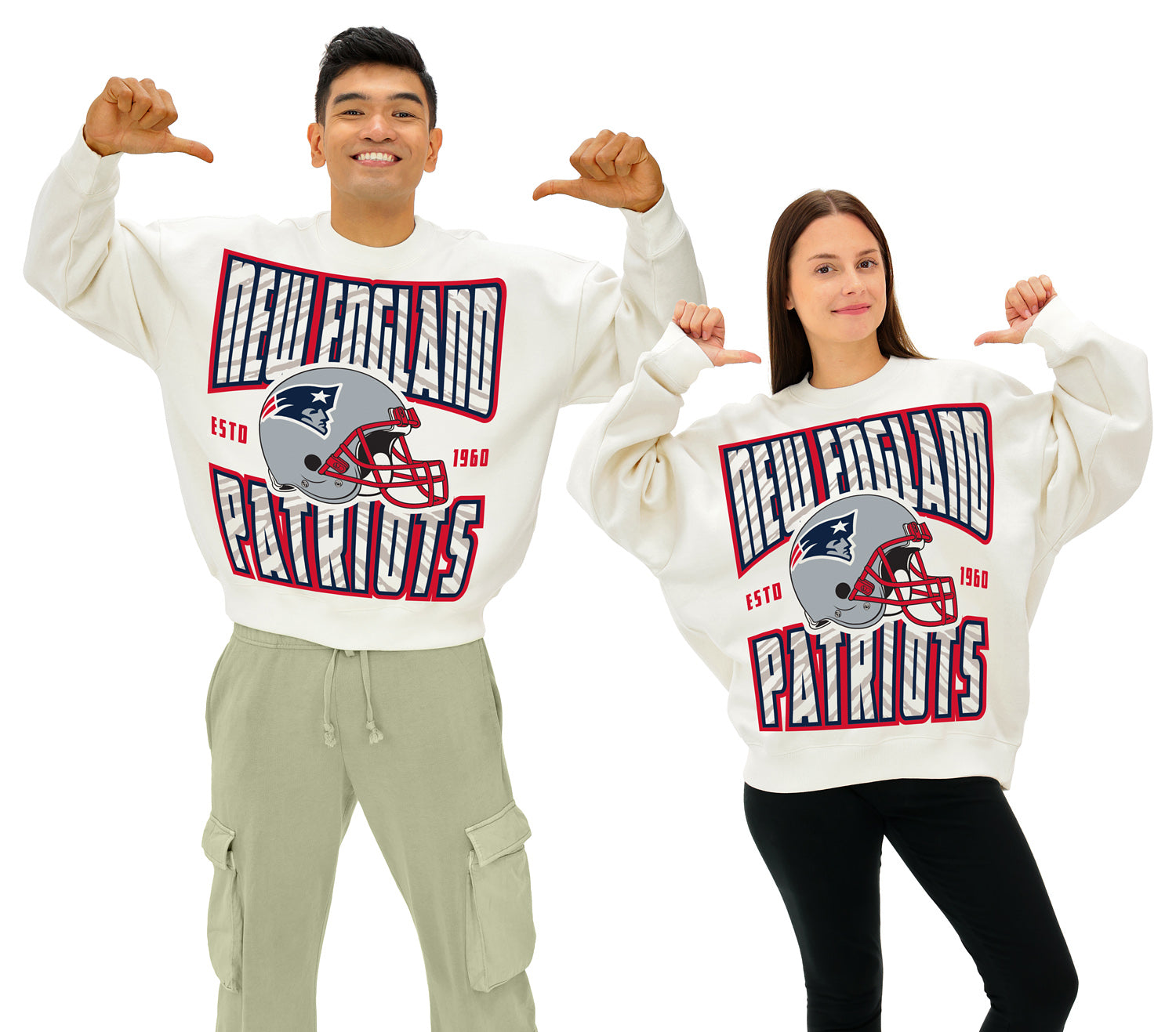 Zubaz NFL  UNISEX 90s Helmet Drop Shoulder Crewneck -Off White, NEW ENGLAND PATRIOTS