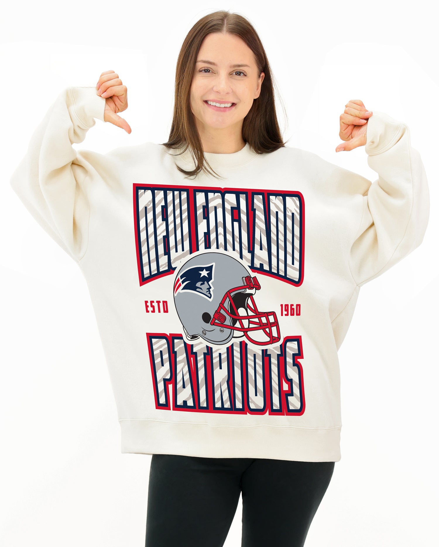 Zubaz NFL  UNISEX 90s Helmet Drop Shoulder Crewneck -Off White, NEW ENGLAND PATRIOTS