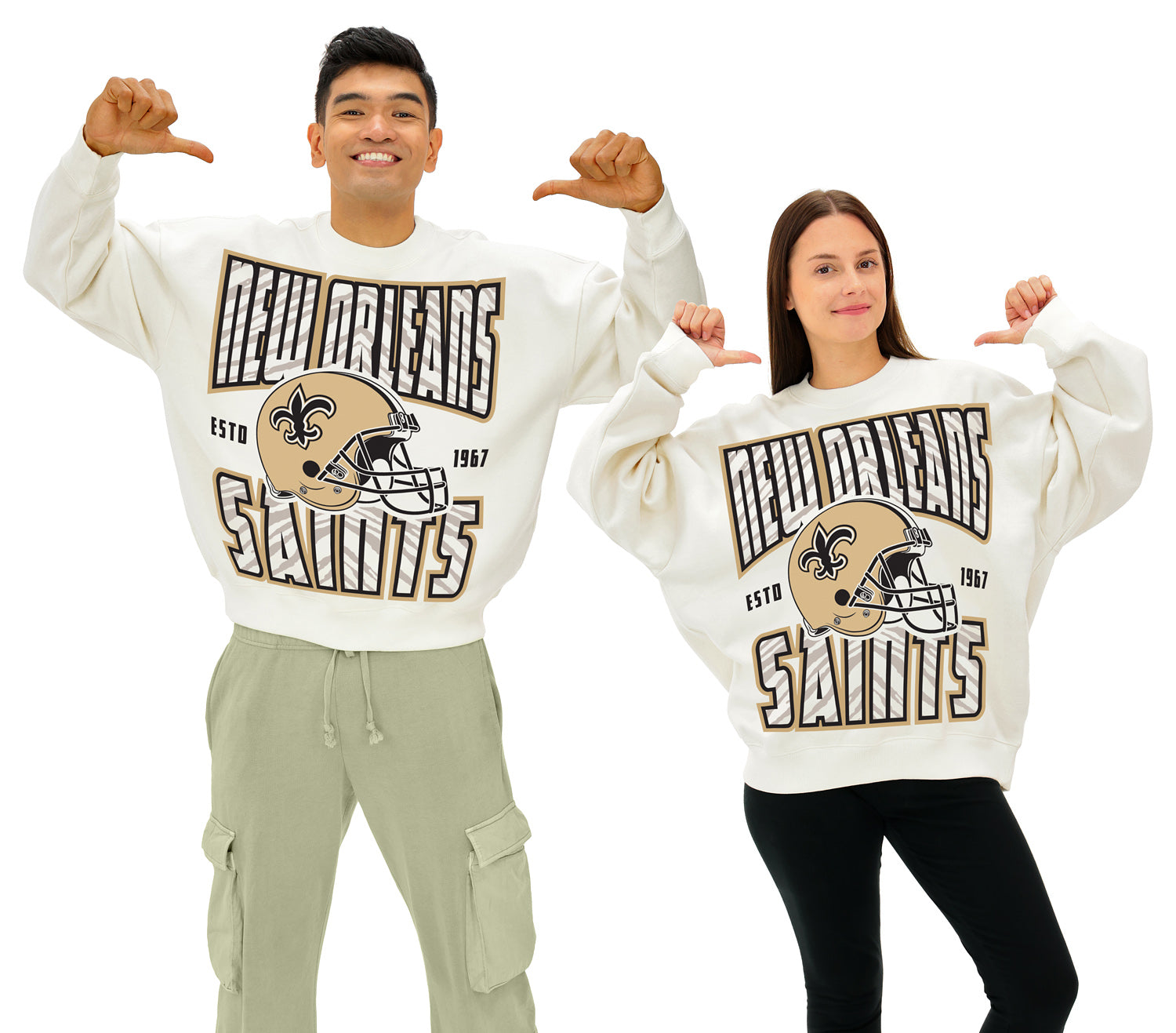 Zubaz NFL  UNISEX 90s Helmet Drop Shoulder Crewneck -Off White, NEW ORLEANS SAINTS