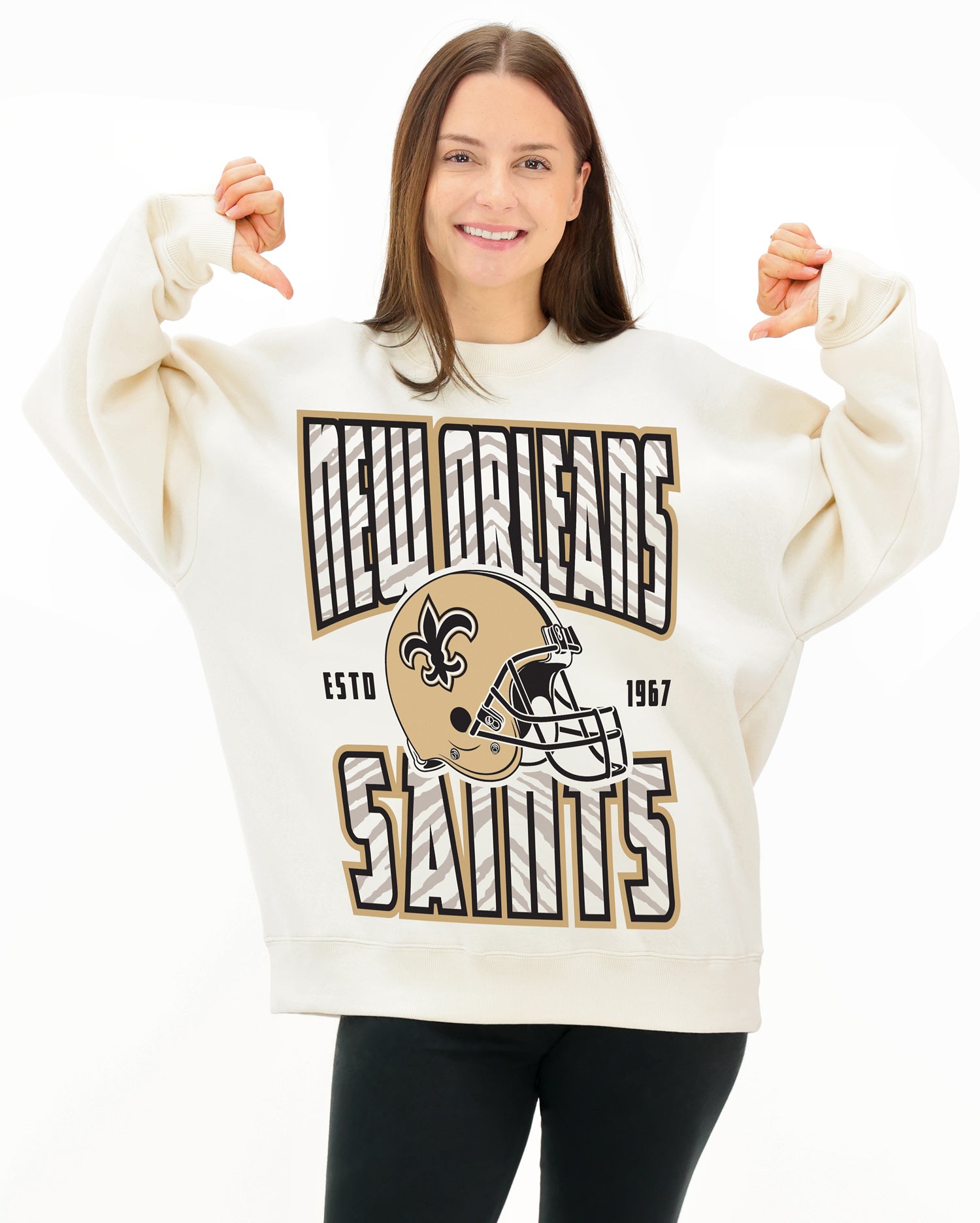 Zubaz NFL  UNISEX 90s Helmet Drop Shoulder Crewneck -Off White, NEW ORLEANS SAINTS