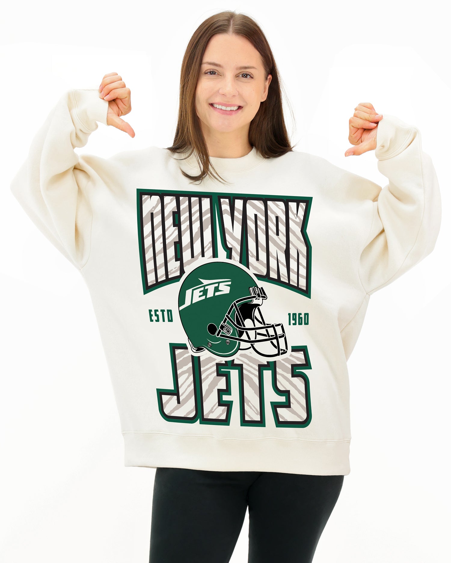 Zubaz NFL  UNISEX 90s Helmet Drop Shoulder Crewneck -Off White, NEW YORK JETS