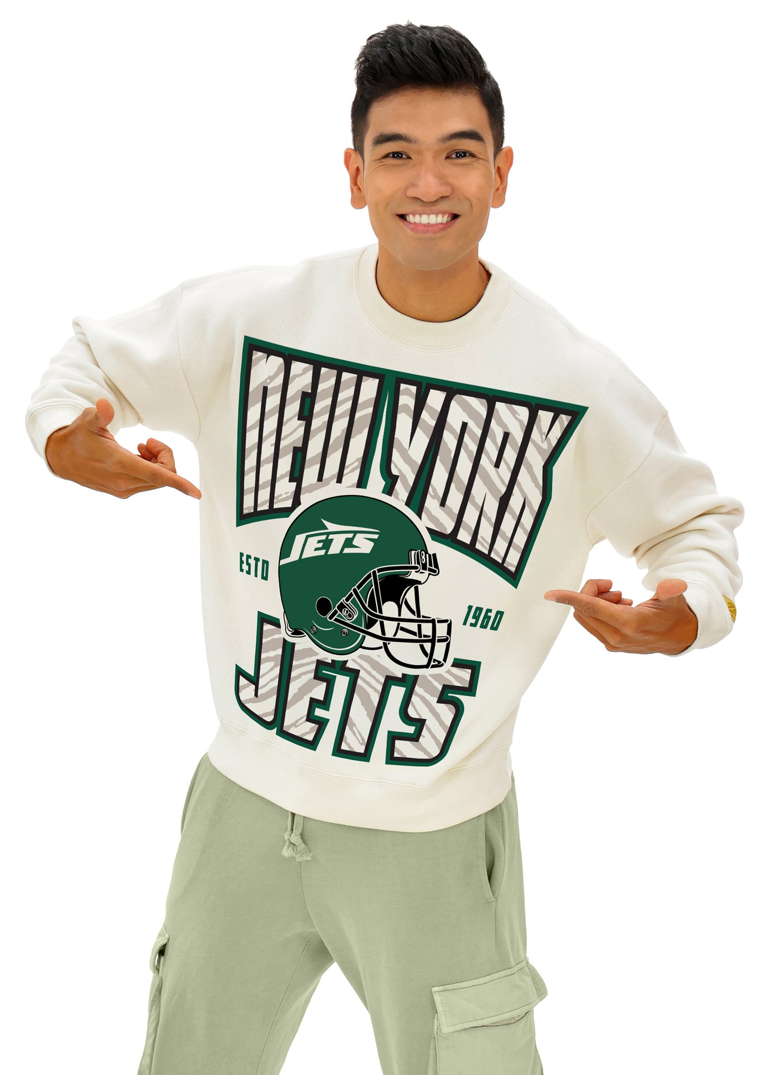 Zubaz NFL  UNISEX 90s Helmet Drop Shoulder Crewneck -Off White, NEW YORK JETS