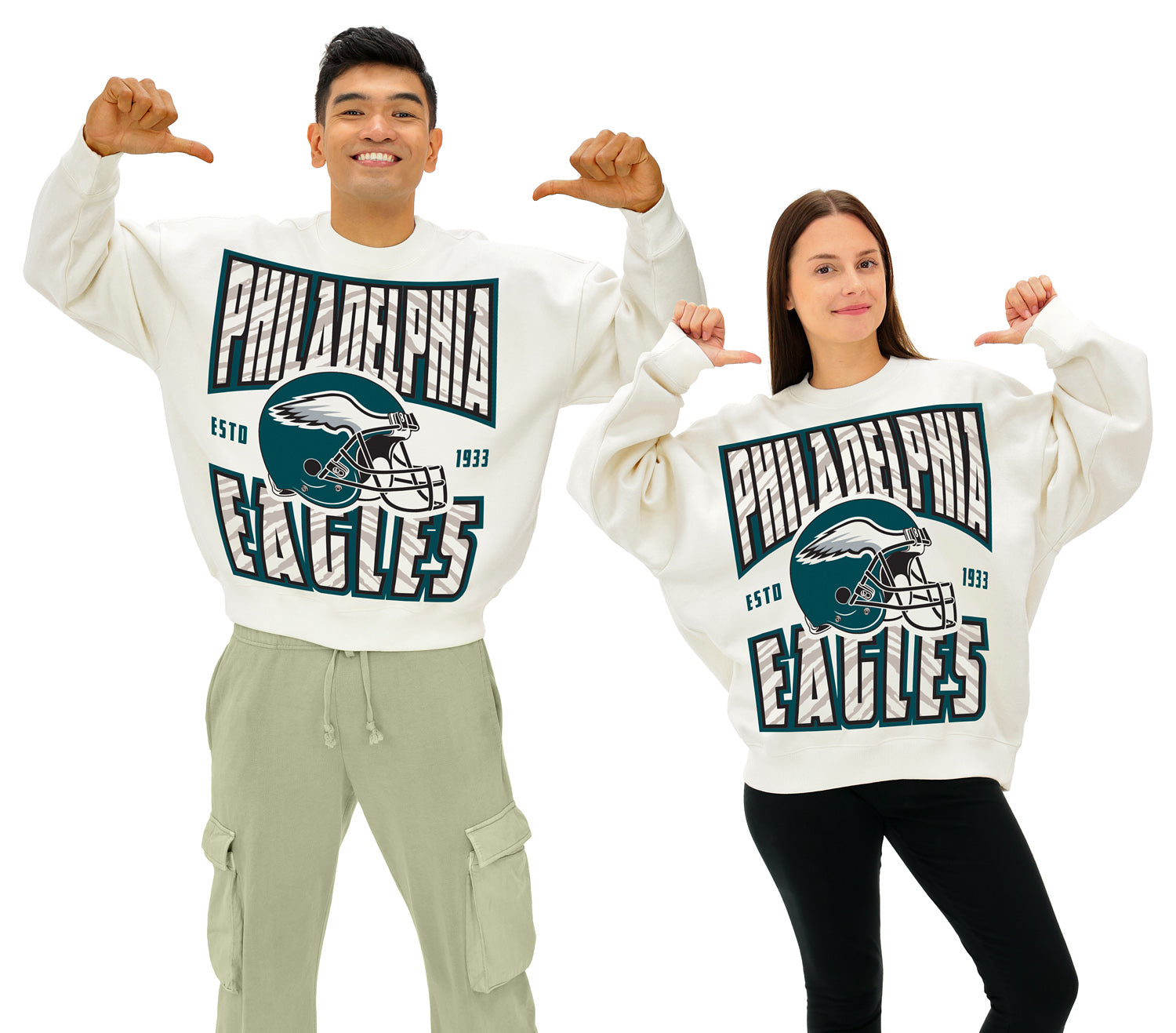 Zubaz NFL  UNISEX 90s Helmet Drop Shoulder Crewneck -Off White, PHILADELPHIA EAGLES
