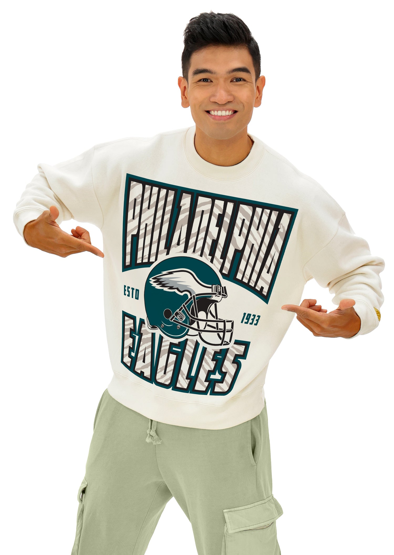 Zubaz NFL  UNISEX 90s Helmet Drop Shoulder Crewneck -Off White, PHILADELPHIA EAGLES