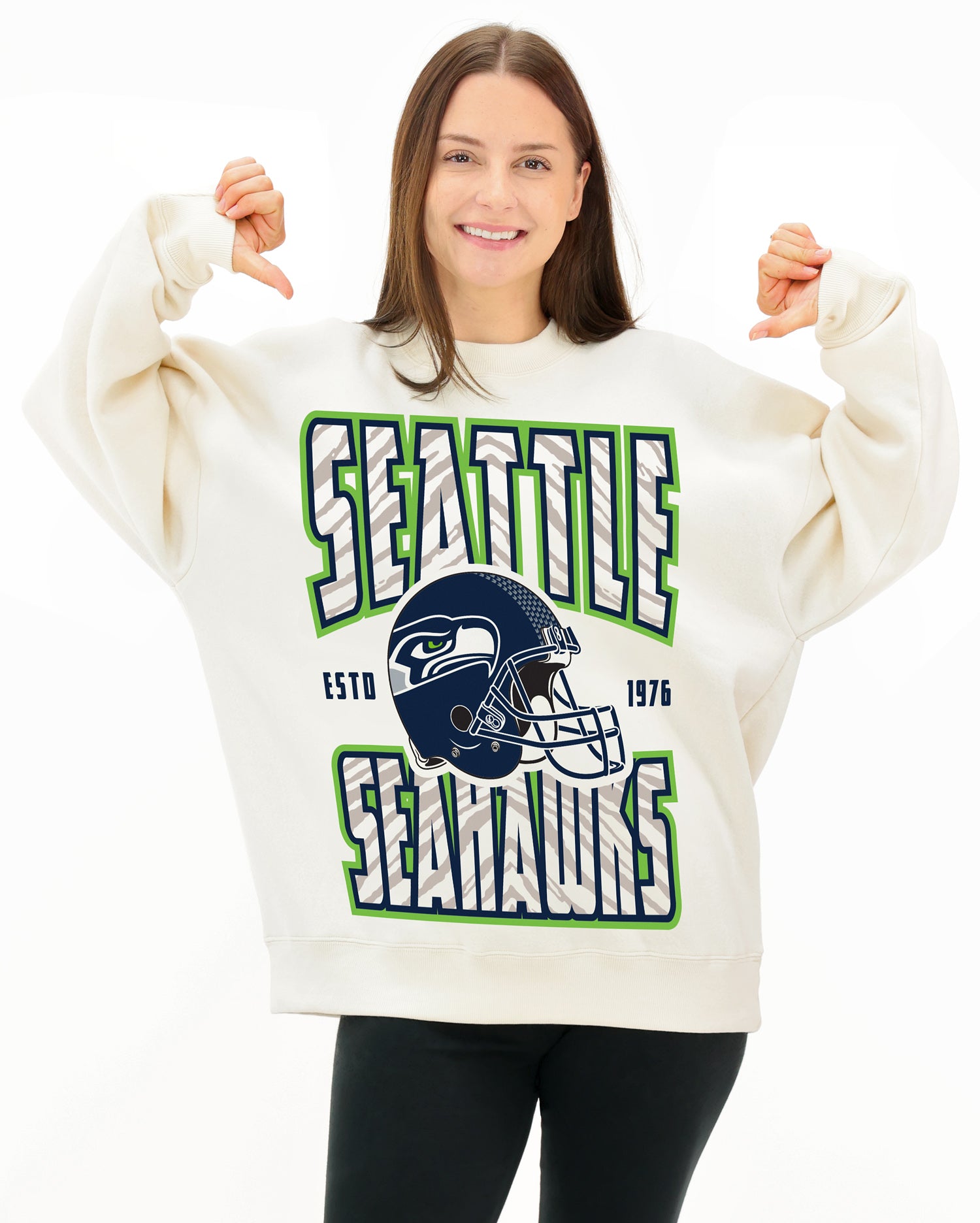 Zubaz NFL  UNISEX 90s Helmet Drop Shoulder Crewneck -Off White, SEATTLE SEAHAWKS