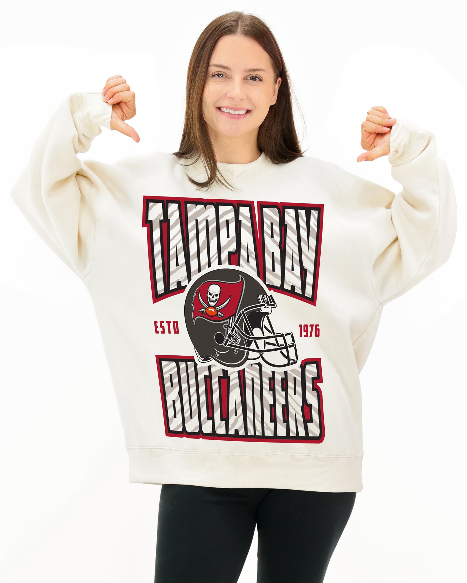 Zubaz NFL  UNISEX 90s Helmet Drop Shoulder Crewneck -Off White, TAMPA BAY BUCCANEERS