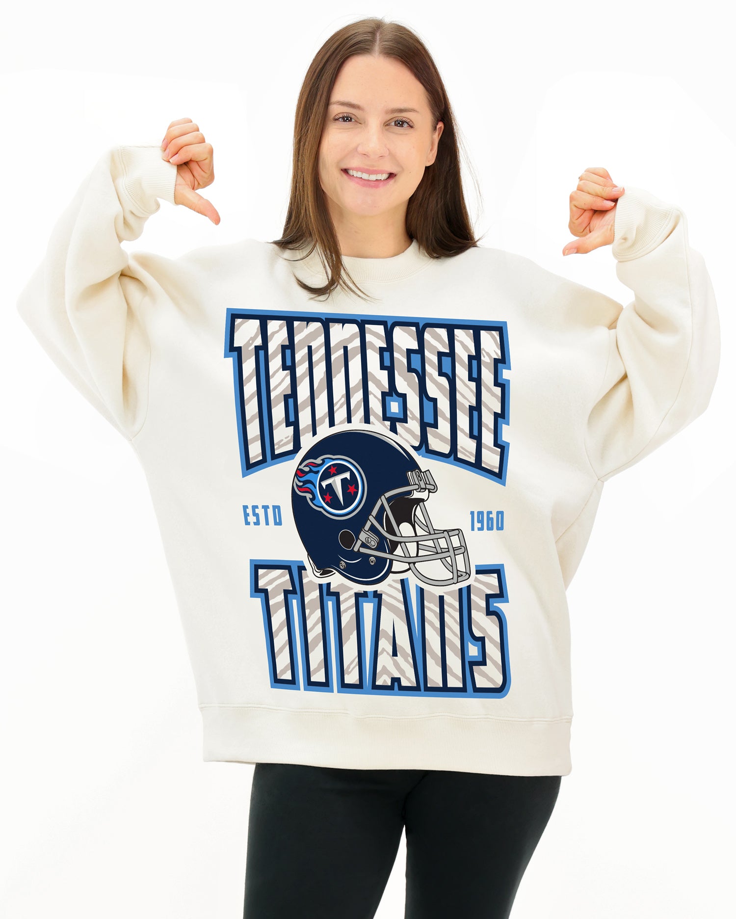 Zubaz NFL  UNISEX 90s Helmet Drop Shoulder Crewneck -Off White, TENNESSEE TITANS