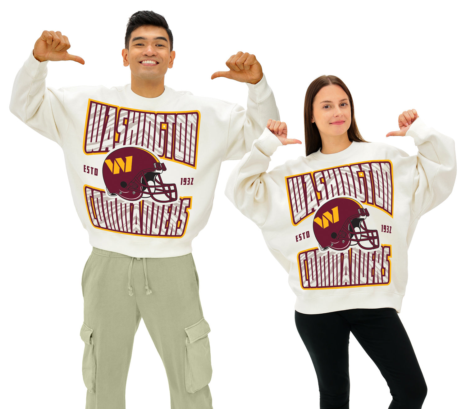 Zubaz NFL  UNISEX 90s Helmet Drop Shoulder Crewneck -Off White, WASHINGTON COMMANDERS