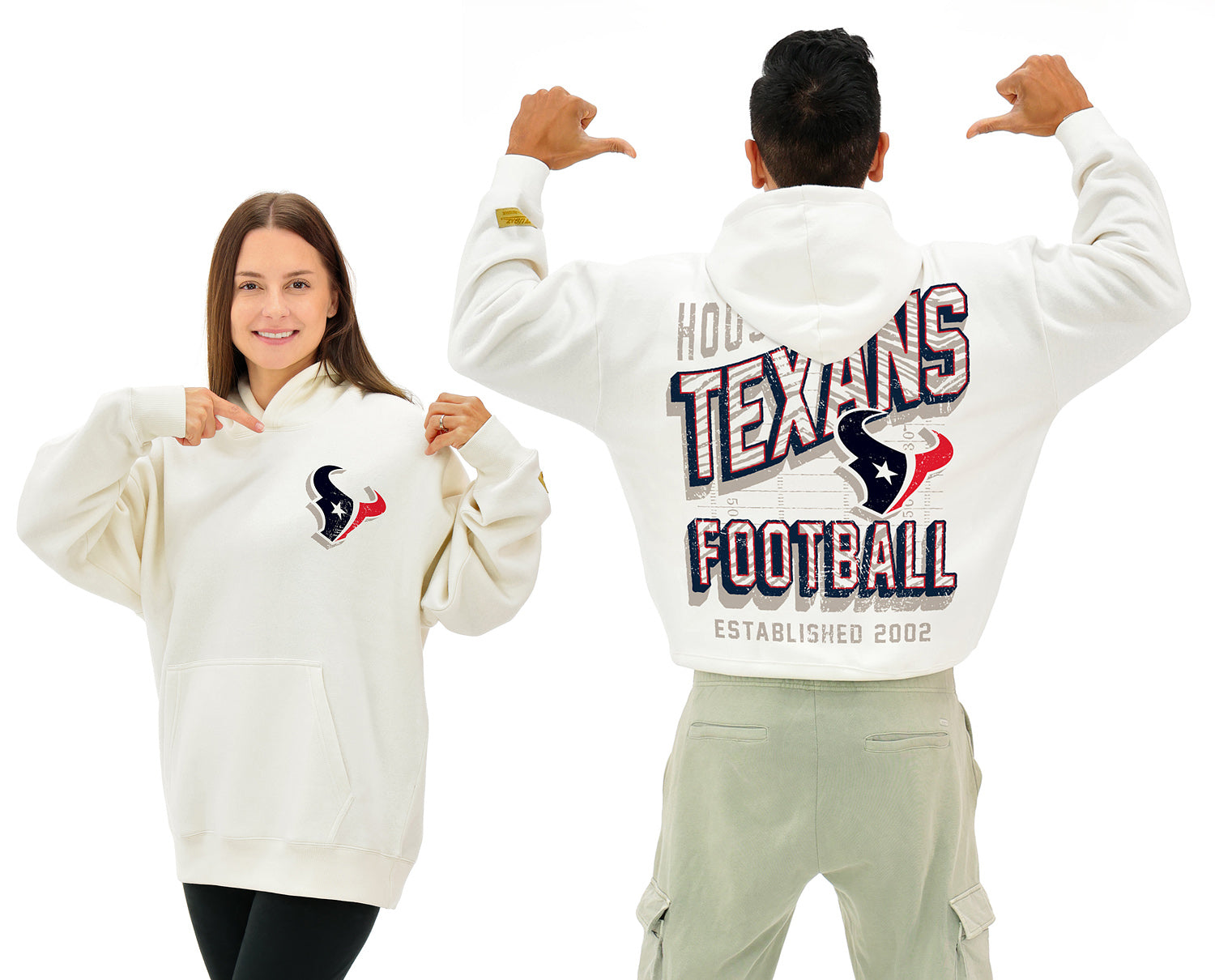 Zubaz NFL  UNISEX 90s Vintage First Down Drop Shoulder Hoodie- Off White, HOUSTON TEXANS