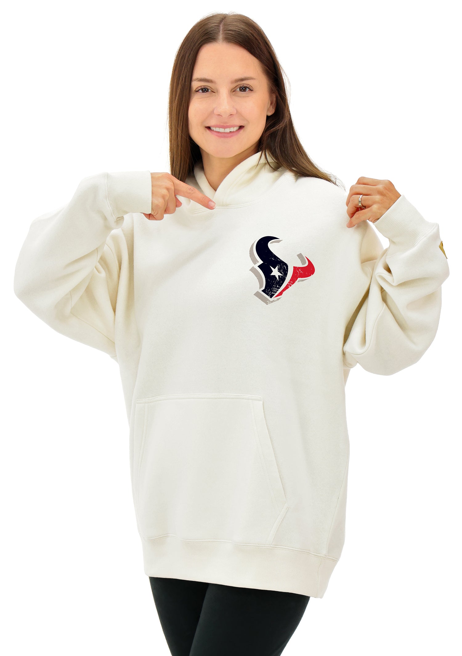 Zubaz NFL  UNISEX 90s Vintage First Down Drop Shoulder Hoodie- Off White, HOUSTON TEXANS