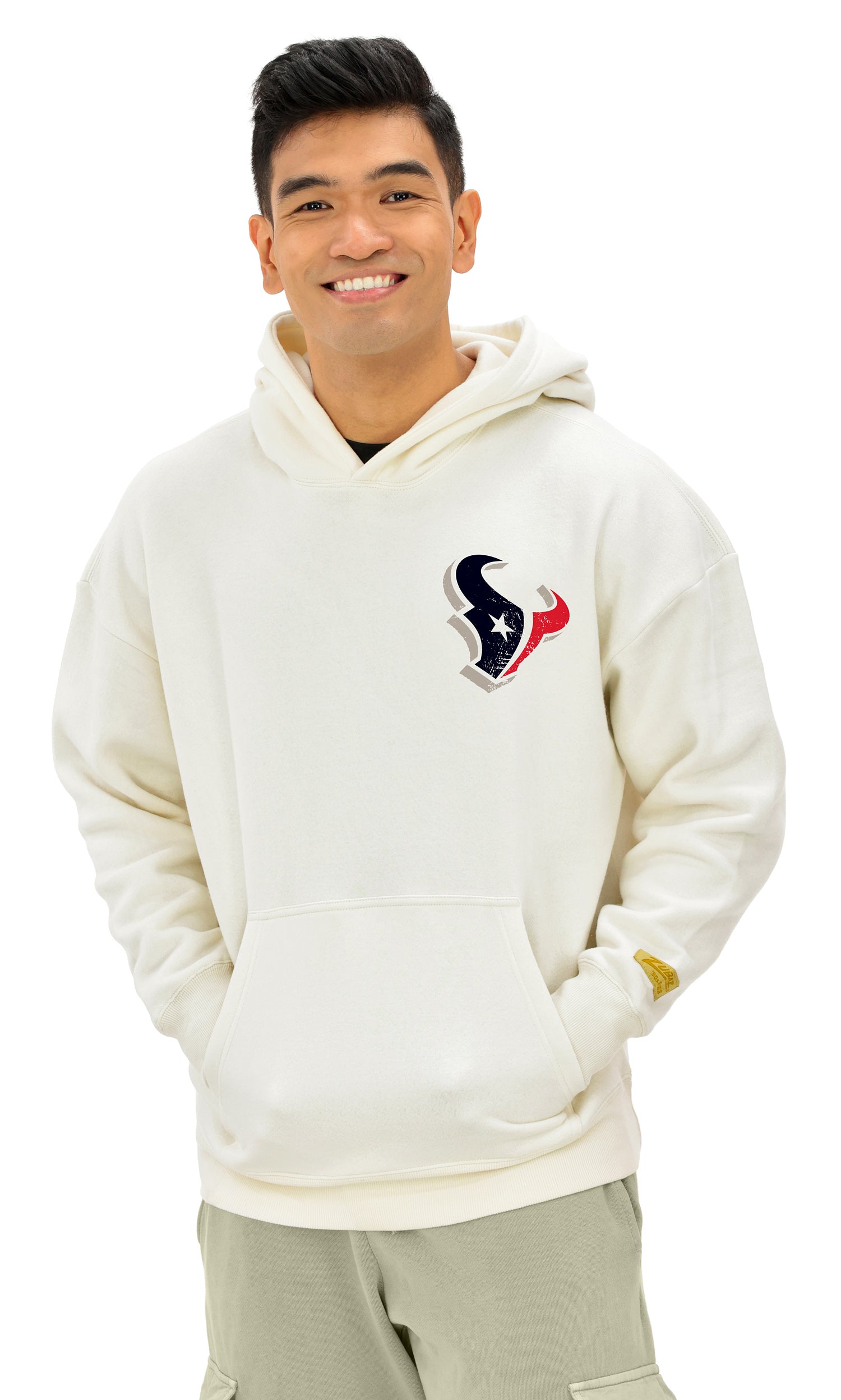 Zubaz NFL  UNISEX 90s Vintage First Down Drop Shoulder Hoodie- Off White, HOUSTON TEXANS