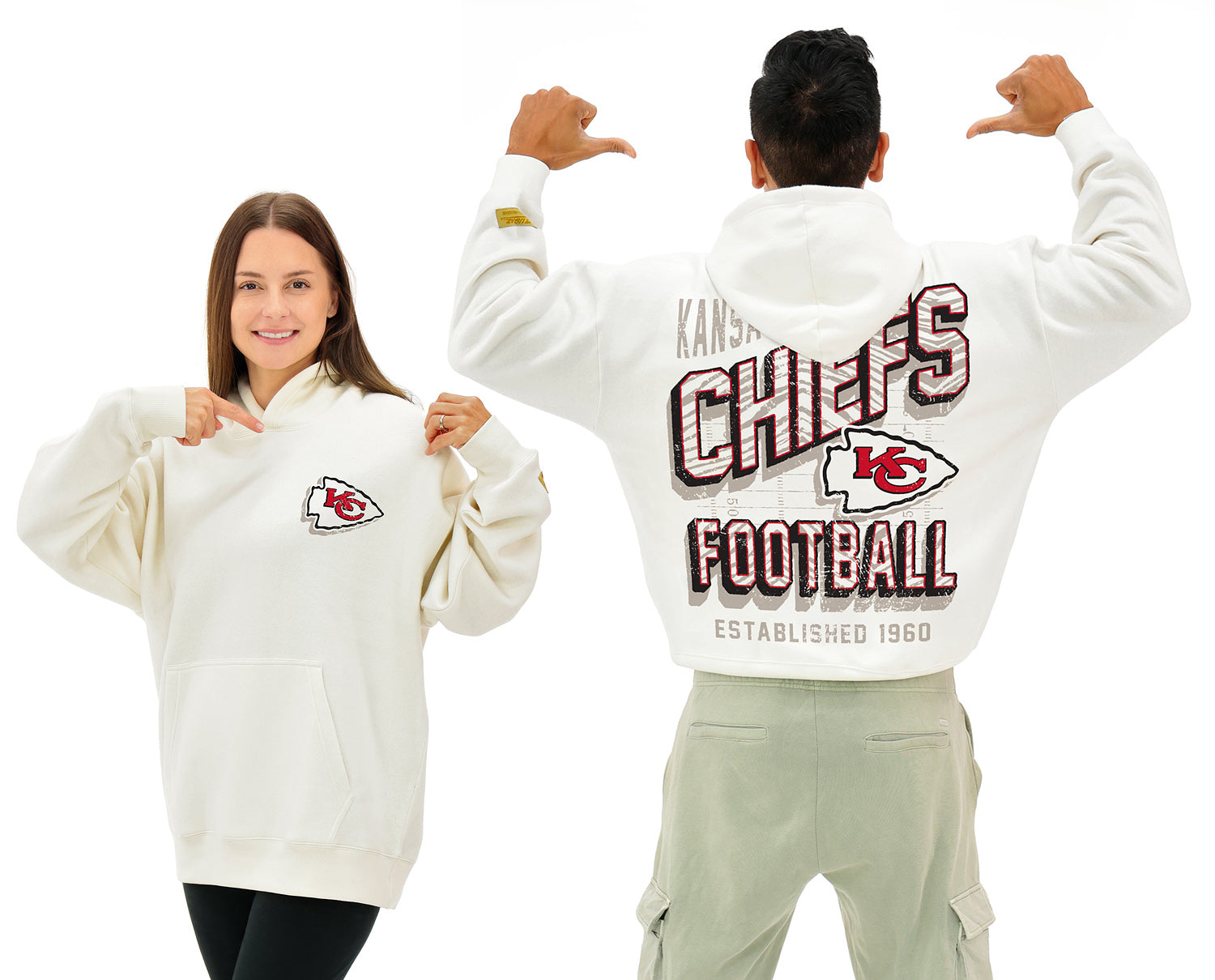 Zubaz NFL  UNISEX 90s Vintage First Down Drop Shoulder Hoodie- Off White, KANSAS CITY CHIEFS