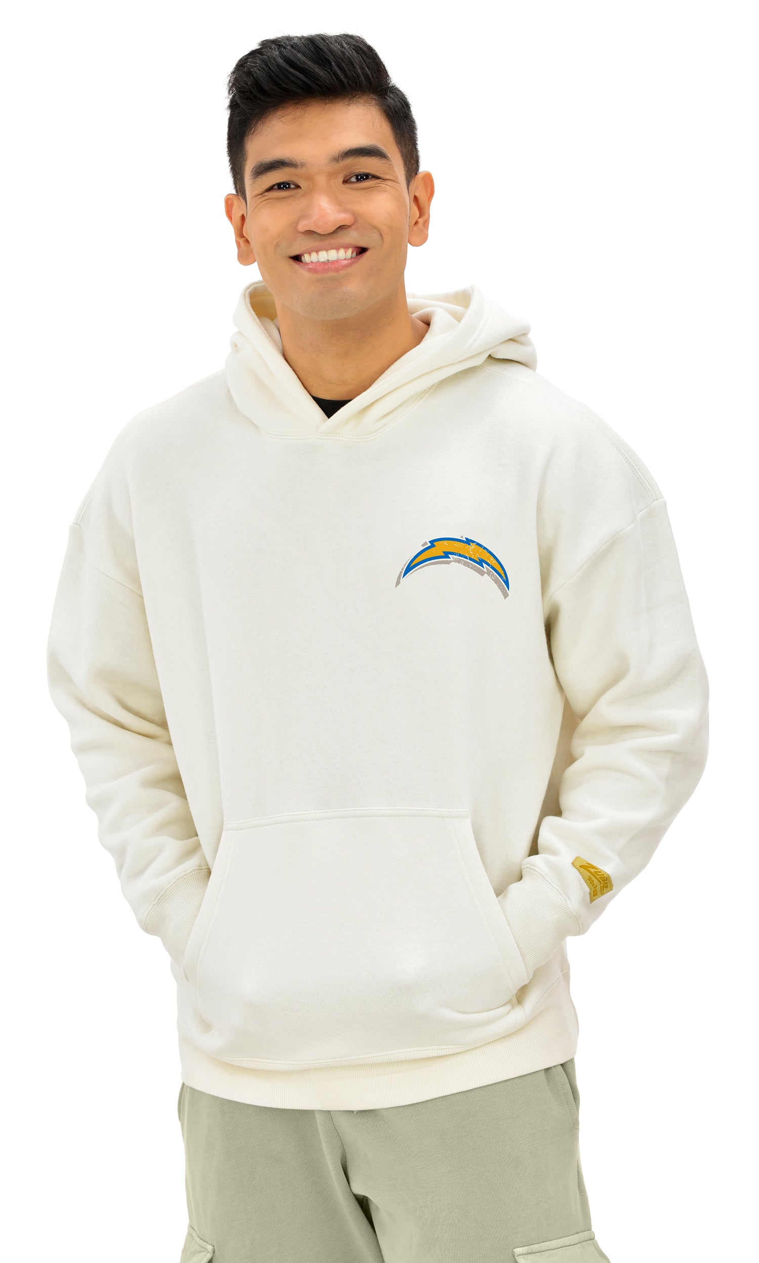 Zubaz NFL  UNISEX 90s Vintage First Down Drop Shoulder Hoodie- Off White, LOS ANGELES CHARGERS