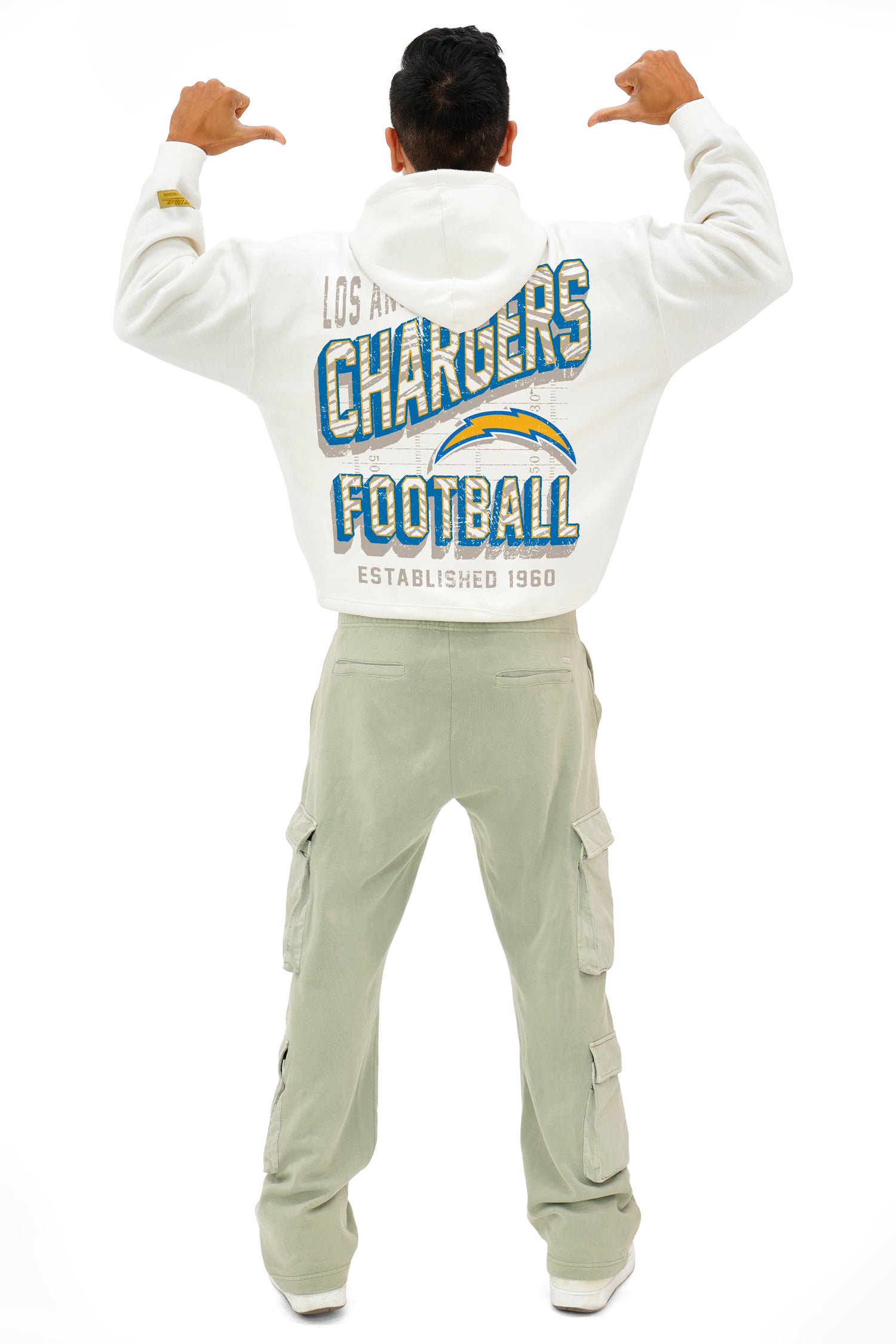 Zubaz NFL  UNISEX 90s Vintage First Down Drop Shoulder Hoodie- Off White, LOS ANGELES CHARGERS