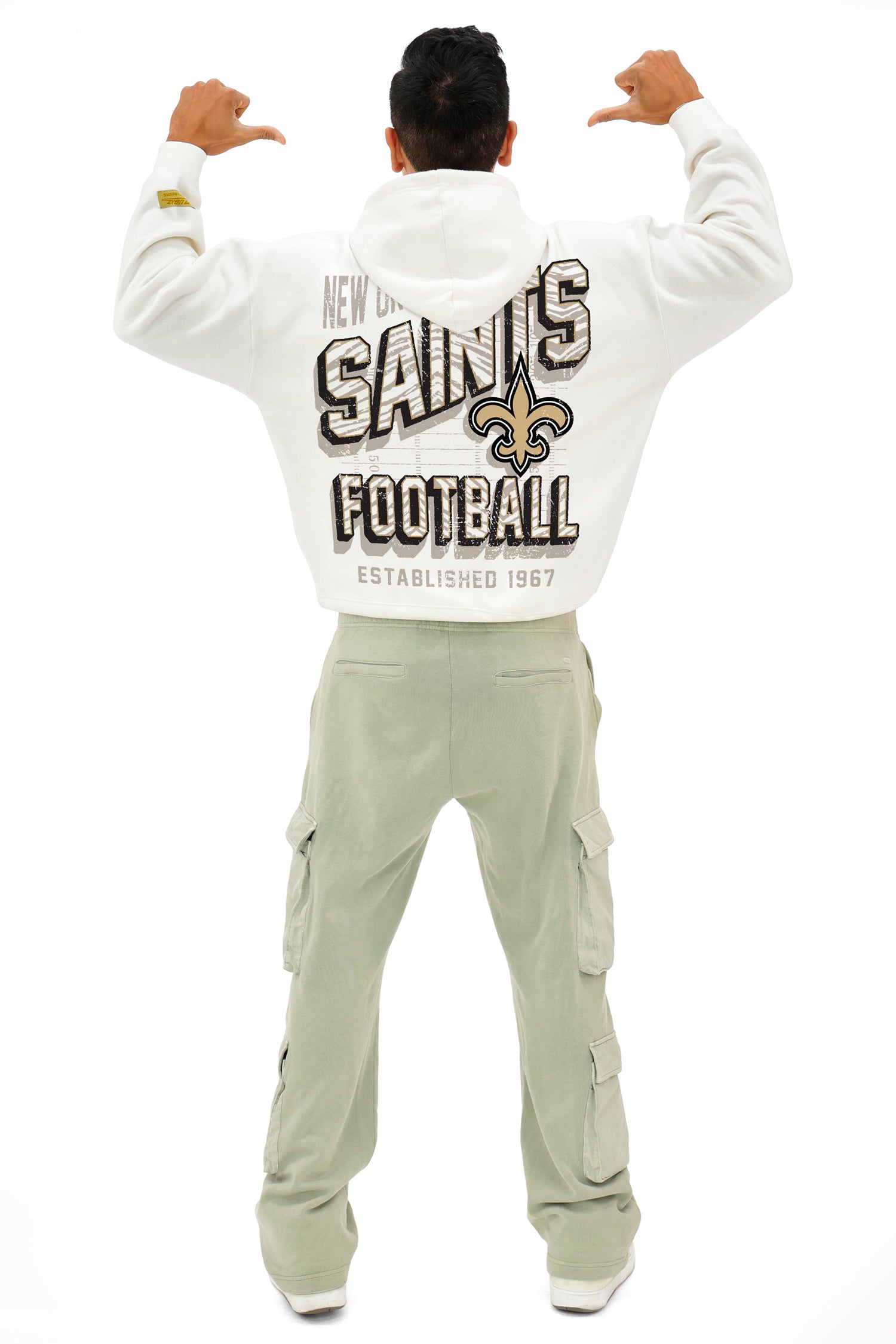 Zubaz NFL  UNISEX 90s Vintage First Down Drop Shoulder Hoodie- Off White, NEW ORLEANS SAINTS