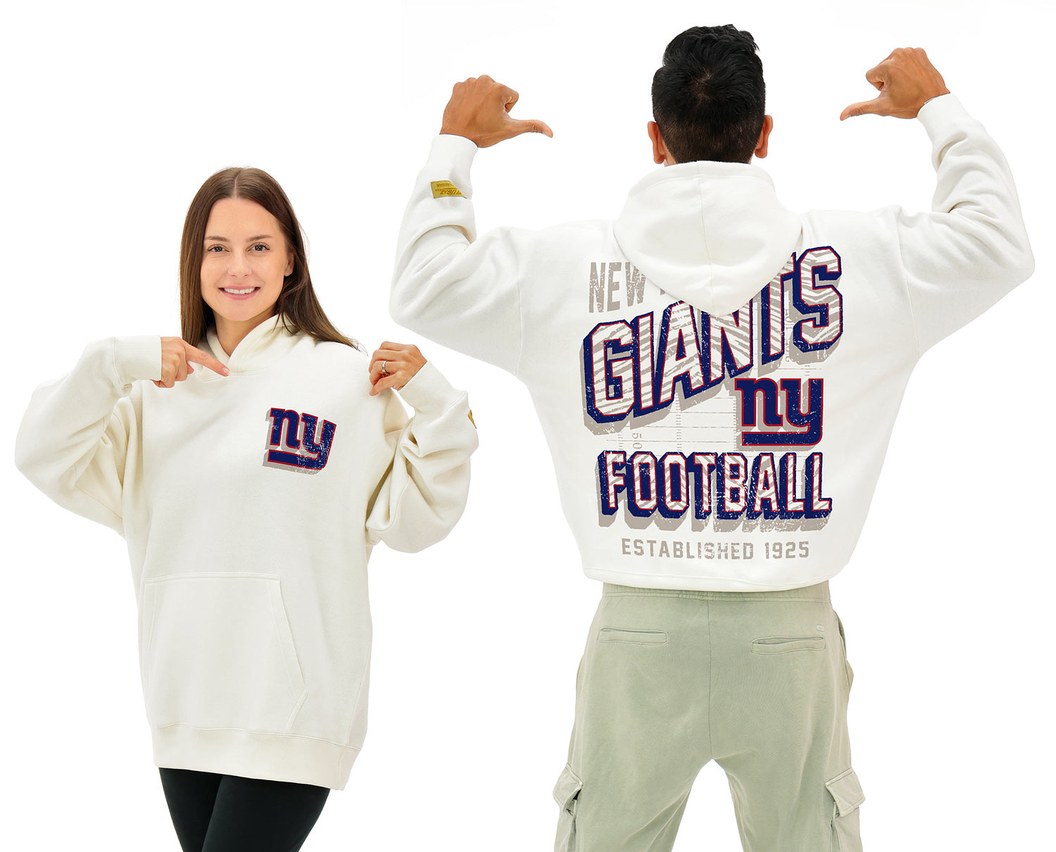 Zubaz NFL  UNISEX 90s Vintage First Down Drop Shoulder Hoodie- Off White, NEW YORK GIANTS