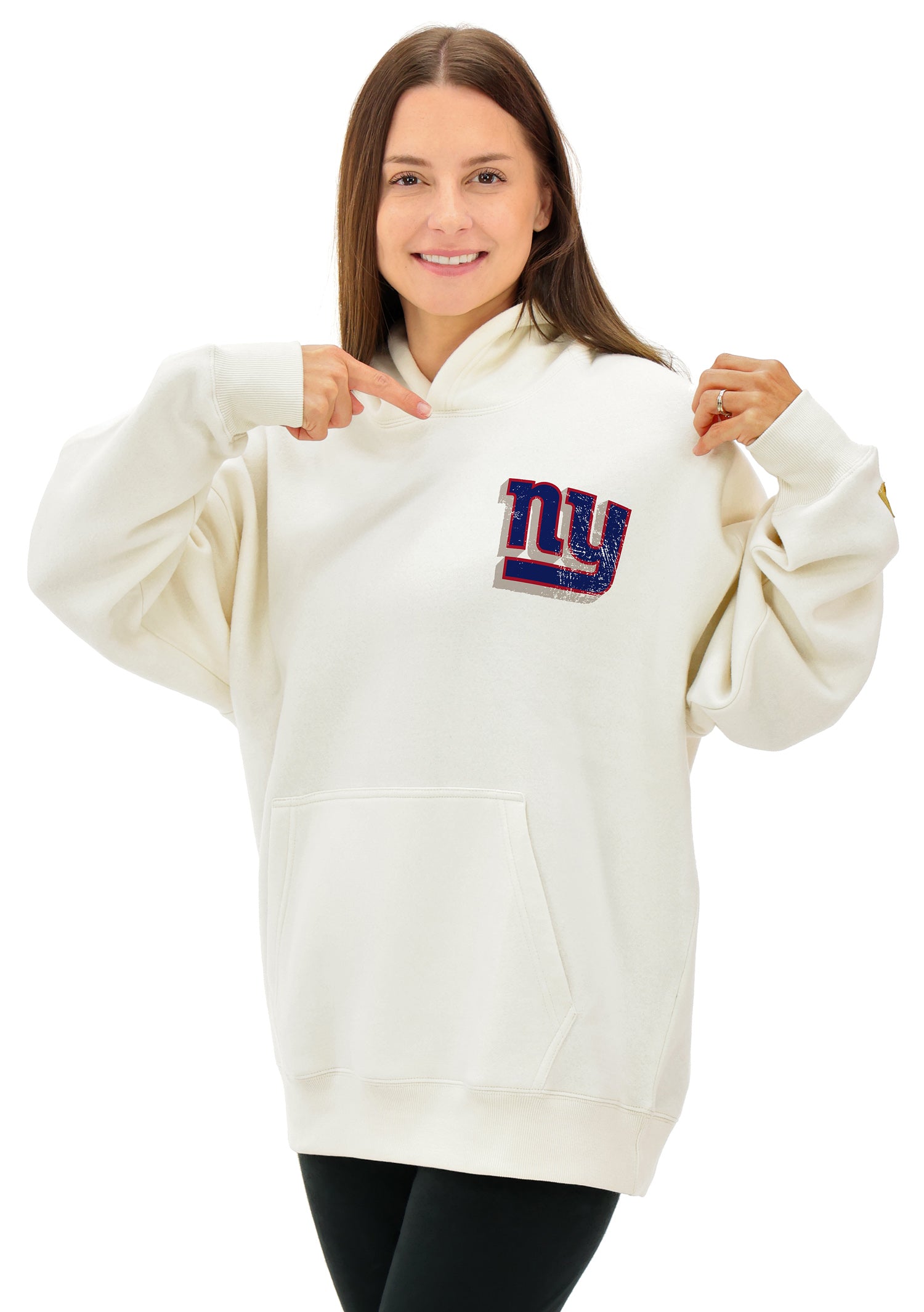 Zubaz NFL  UNISEX 90s Vintage First Down Drop Shoulder Hoodie- Off White, NEW YORK GIANTS