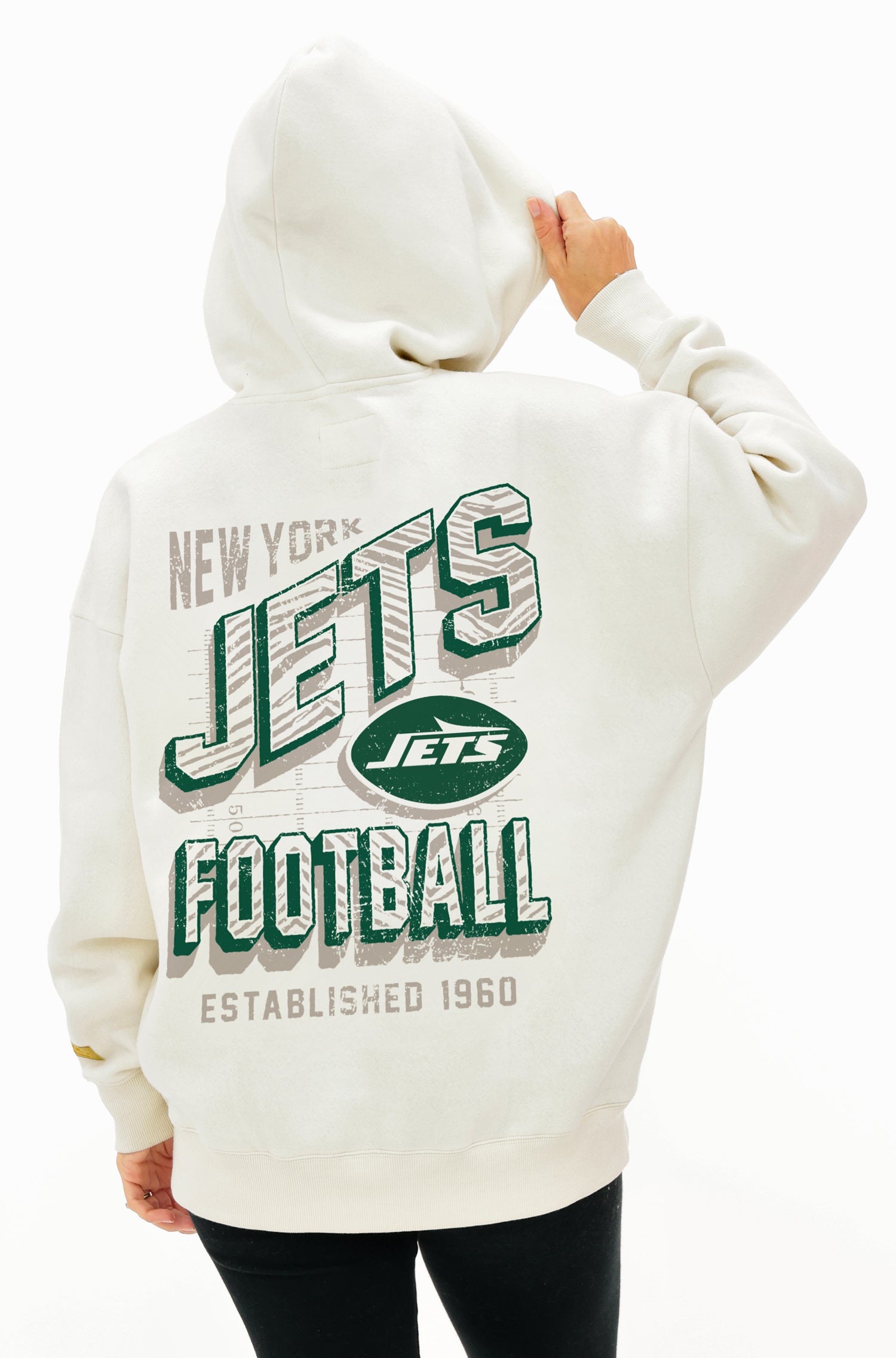 Zubaz NFL  UNISEX 90s Vintage First Down Drop Shoulder Hoodie- Off White, NEW YORK JETS