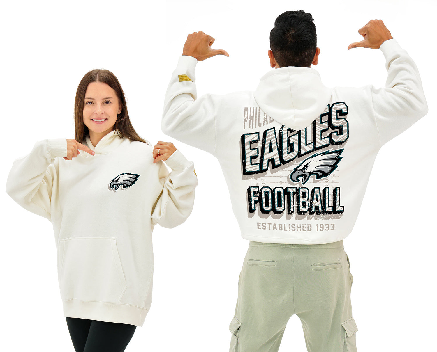 Zubaz NFL  UNISEX 90s Vintage First Down Drop Shoulder Hoodie- Off White, PHILADELPHIA EAGLES