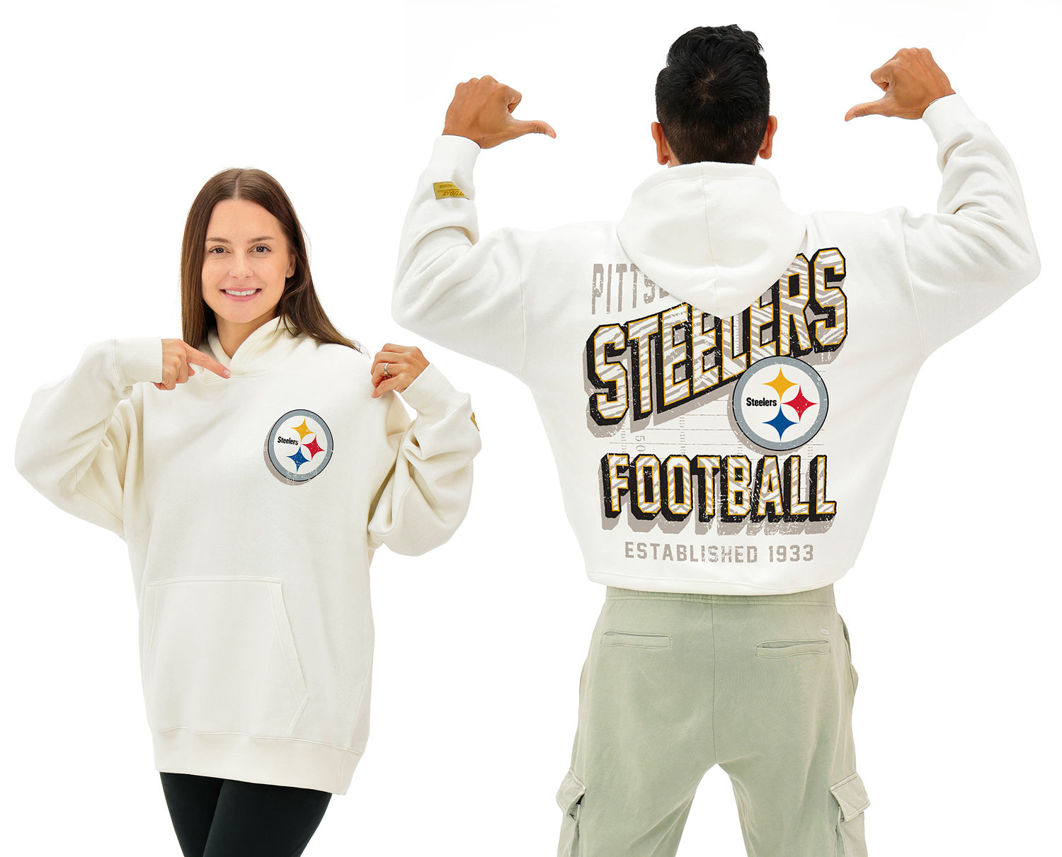Zubaz NFL  UNISEX 90s Vintage First Down Drop Shoulder Hoodie- Off White, PITTSBURGH STEELERS